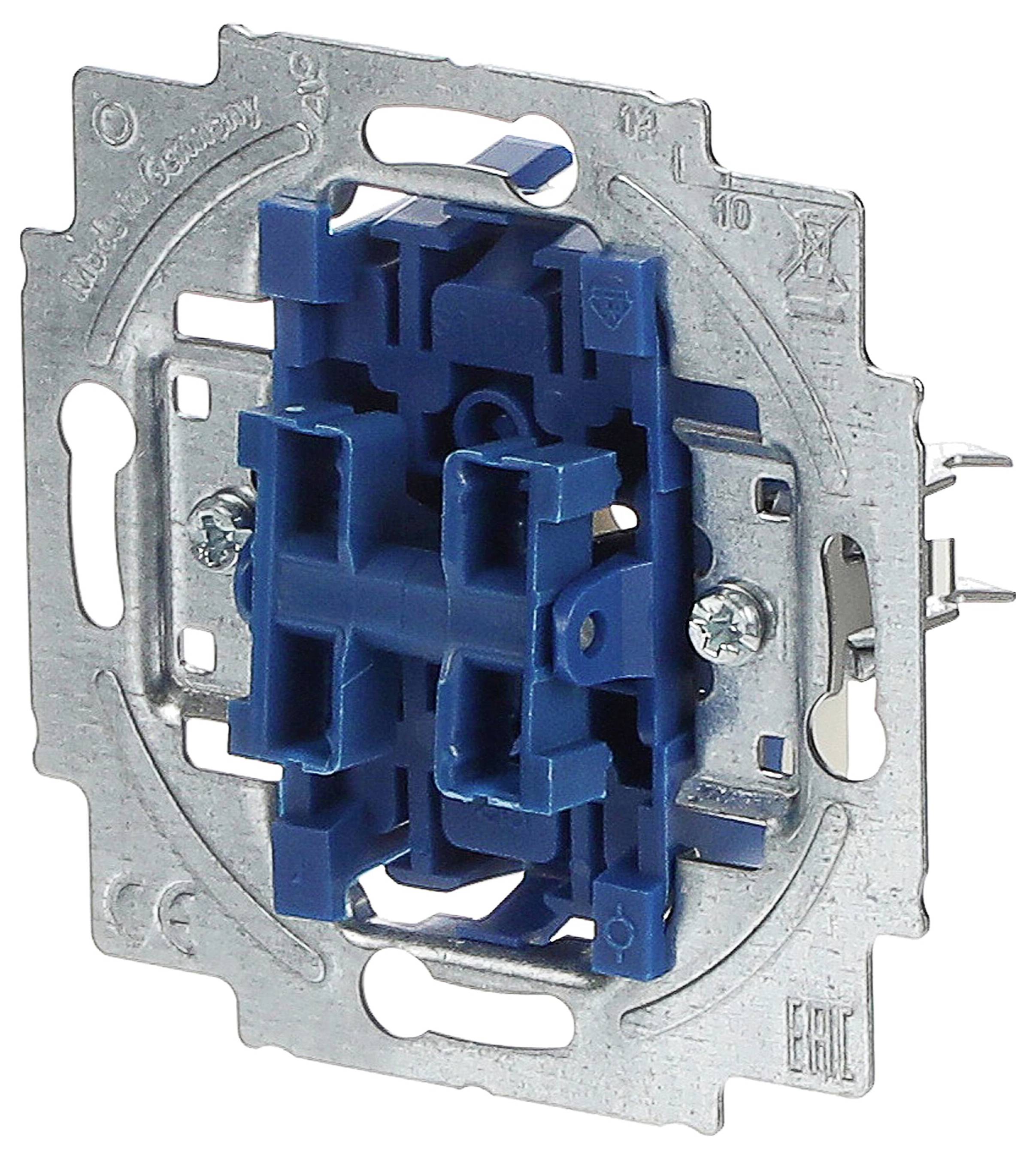 Metallrahmen mit blauer Kunststoffkomponente zur Wandmontage, vermutlich ein Schalterelement für elektrische Anwendungen.