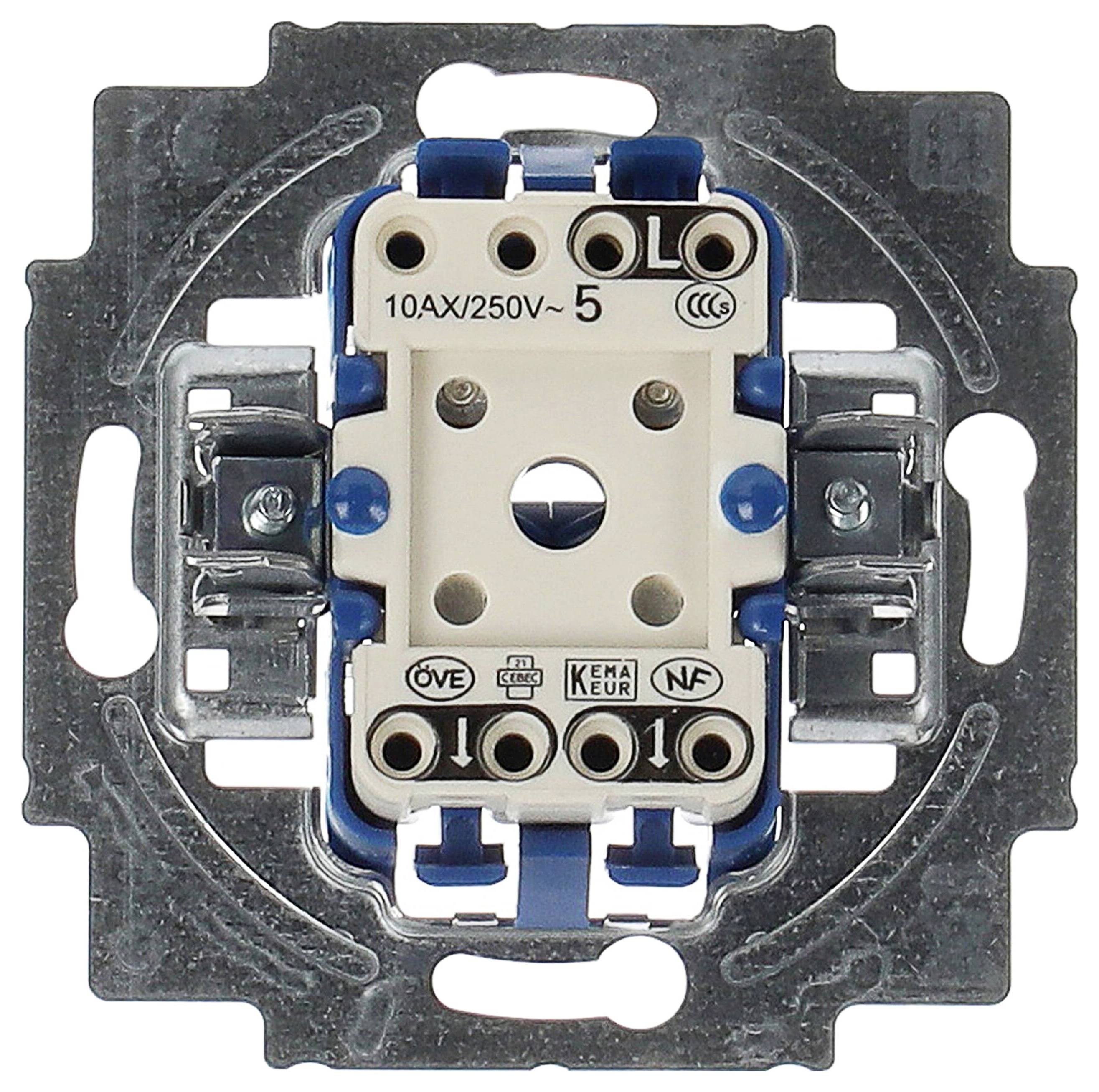 Ein elektrischer Schalterrohling für den Wandeinbau, ohne äußere Abdeckung, aus Metall und Plastik, für 10AX/250V.