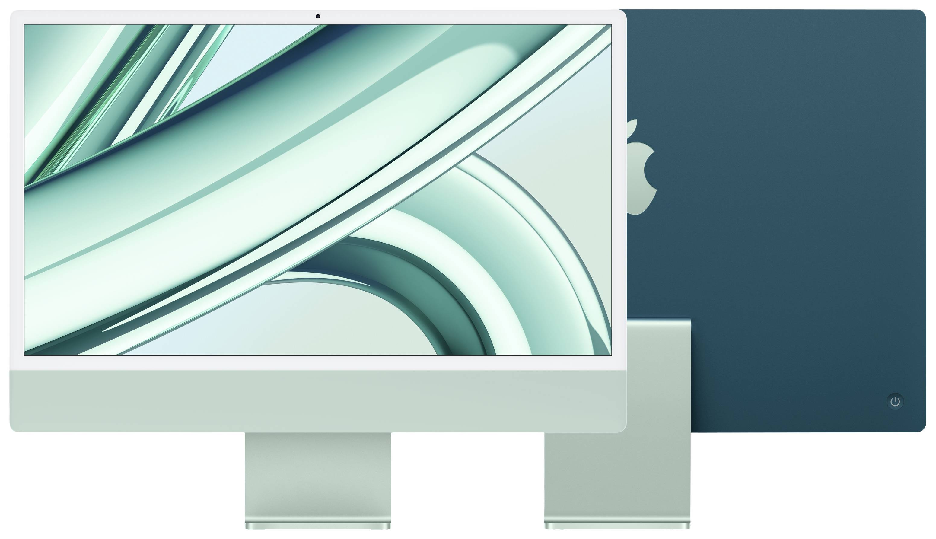 Ein moderner mintgrüner Apple iMac mit hellem Display und dunkelblauer Rückseite, ideal für Büro oder Zuhause.