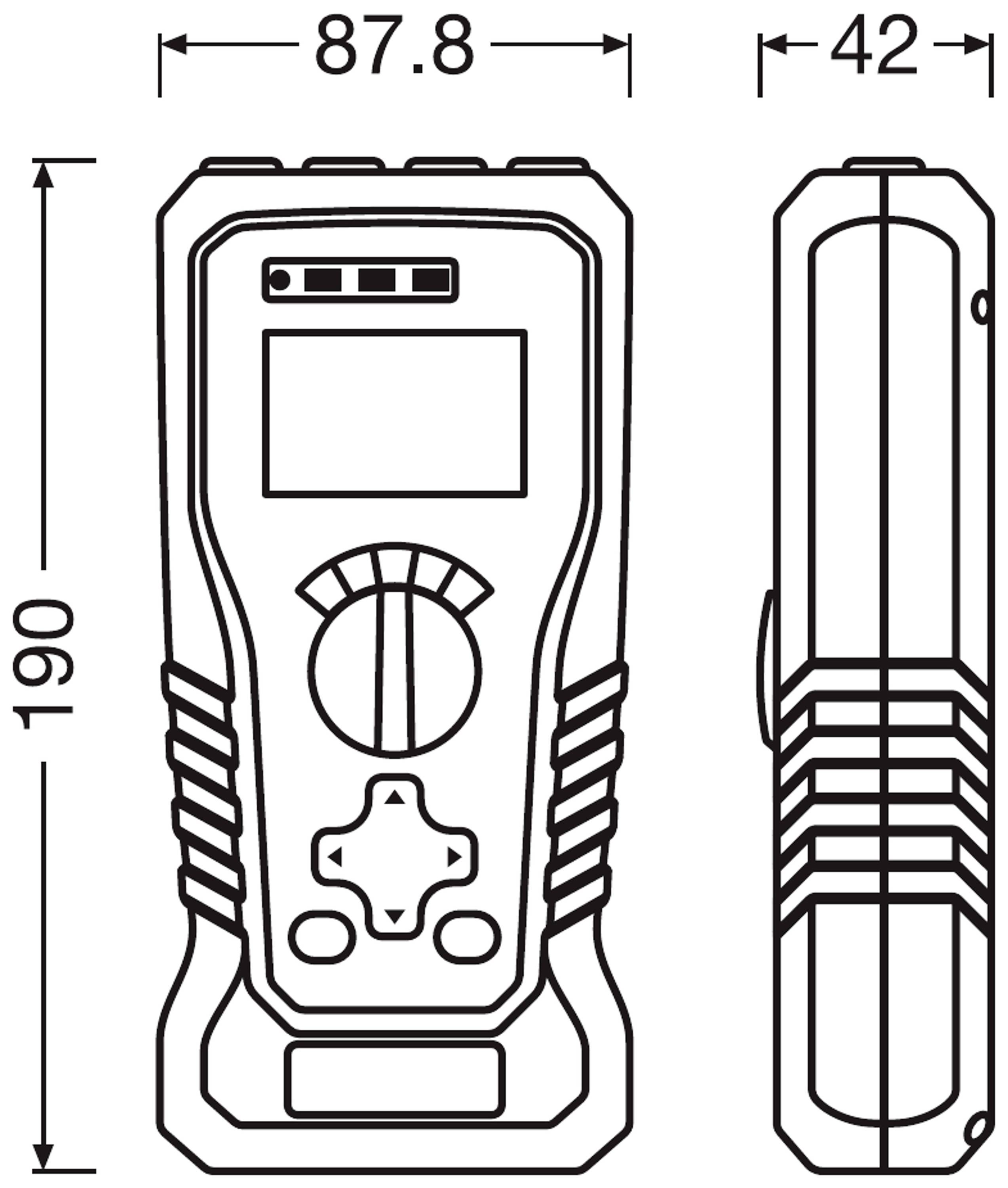 Zeichnung eines elektronischen Geräts aus der Vorder- und Seitenansicht mit Maßen: 190 mm hoch, 87,8 mm breit, 42 mm tief.