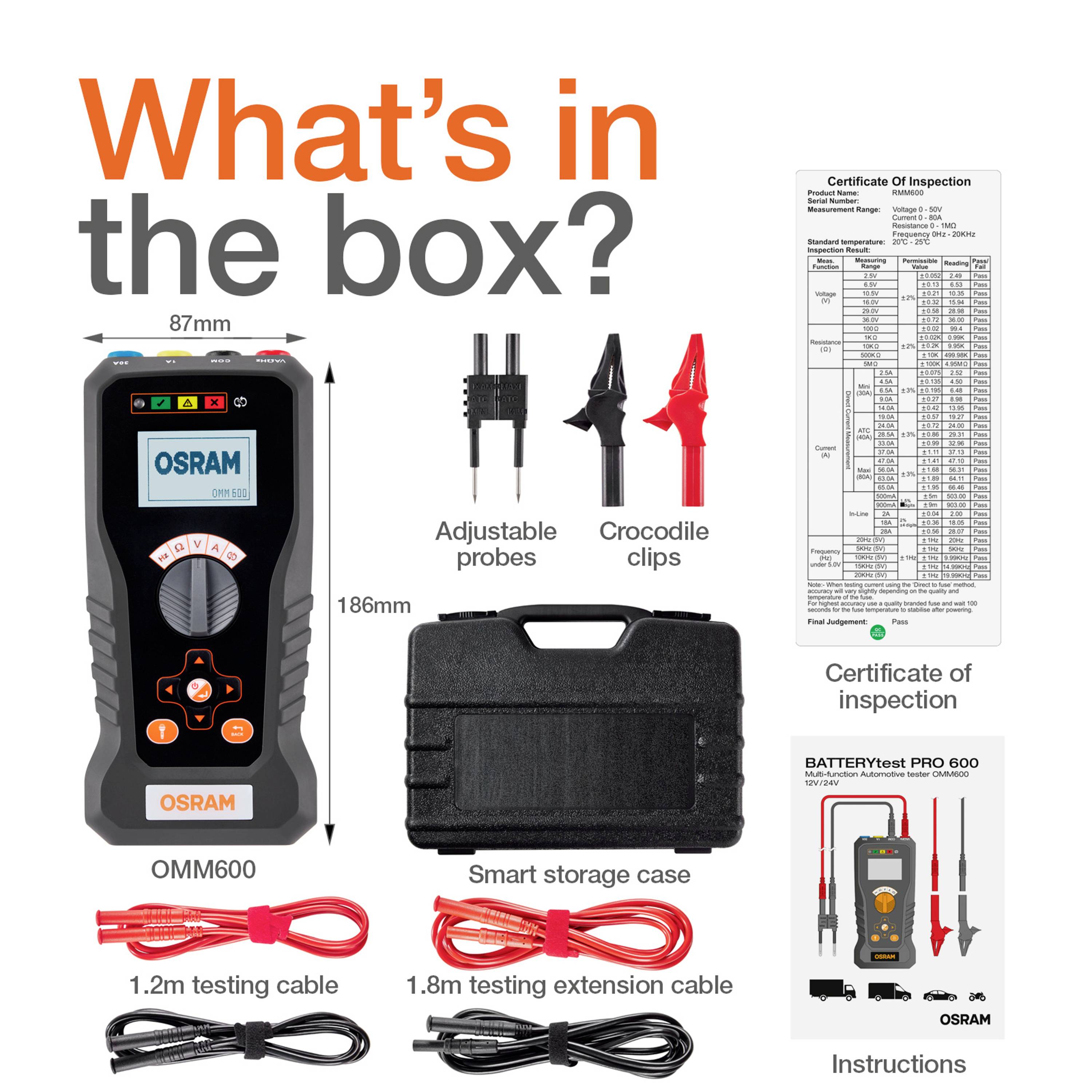 'Batterietester OMM600 mit Zubehör: verstellbare Sonden, Krokodilklemmen, Zertifikat und Aufbewahrungsbox. Größe: 87mm x 186mm.'