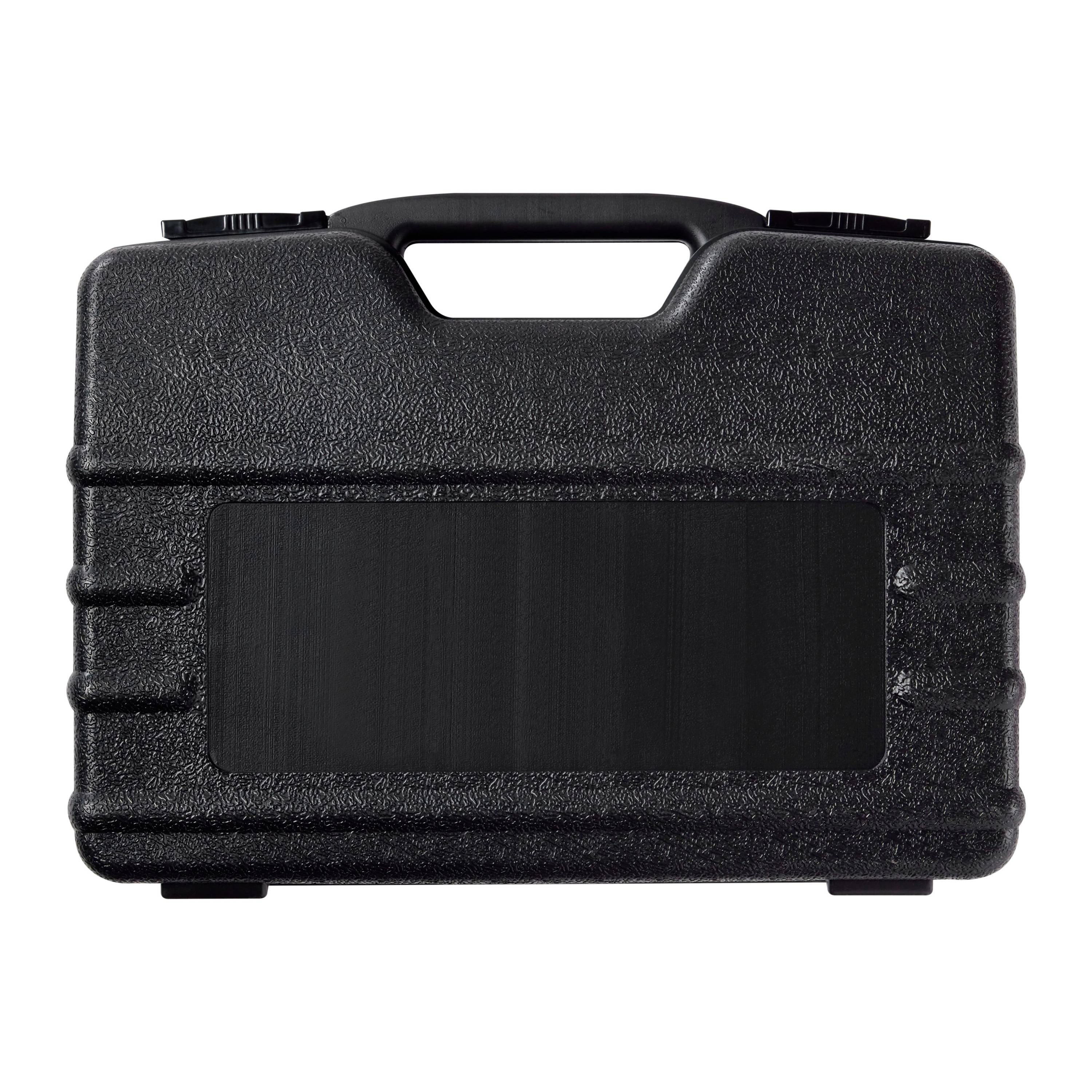 Schwarzer, rechteckiger Tragkoffer mit Handgriff oben, ideal für Werkzeuge oder Ausrüstung.