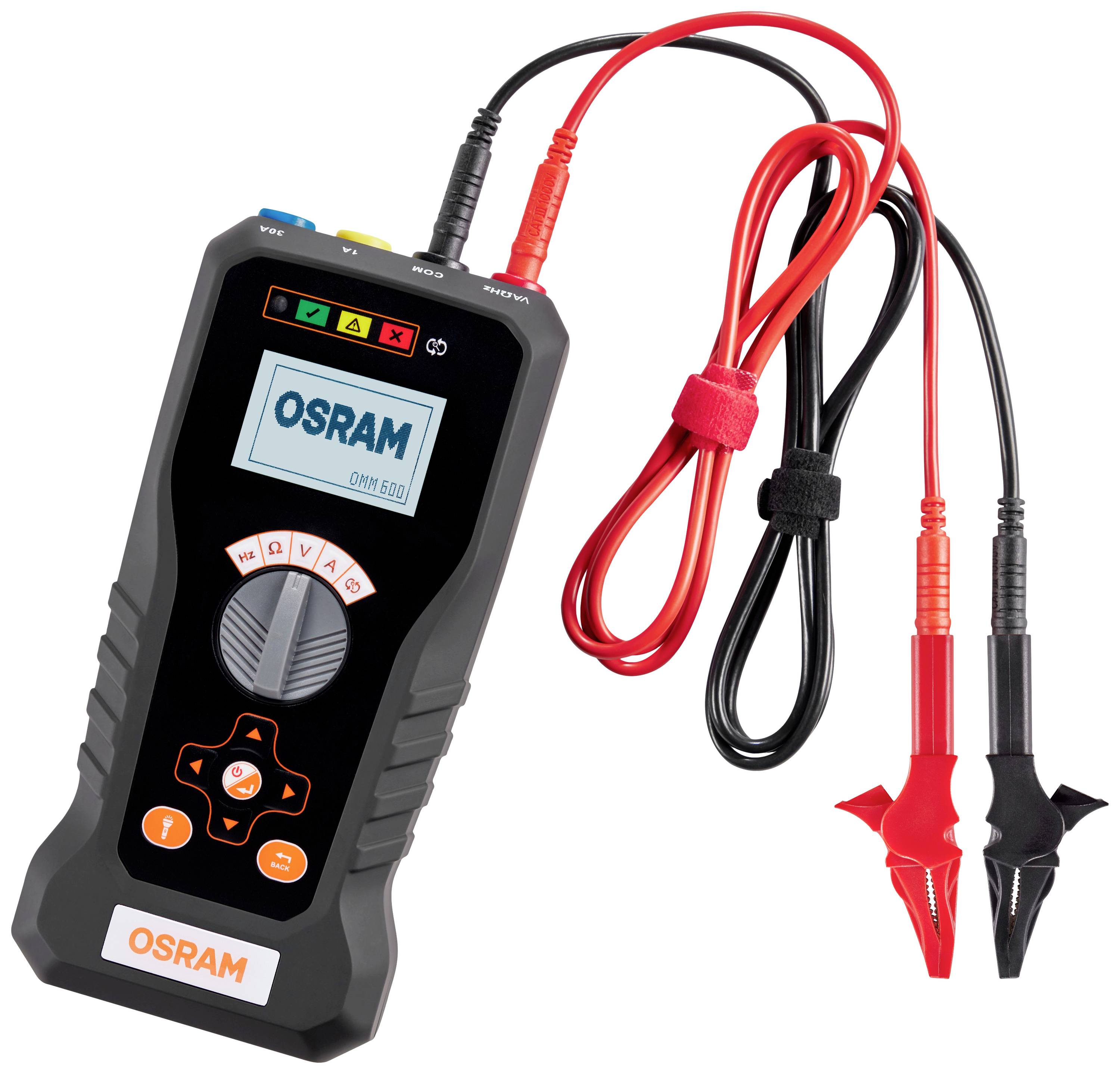 Tragbares Osram-Batterietestgerät mit Display und zwei farbigen Anschlusskabeln, eines rot und eines schwarz, für Autobatterien.