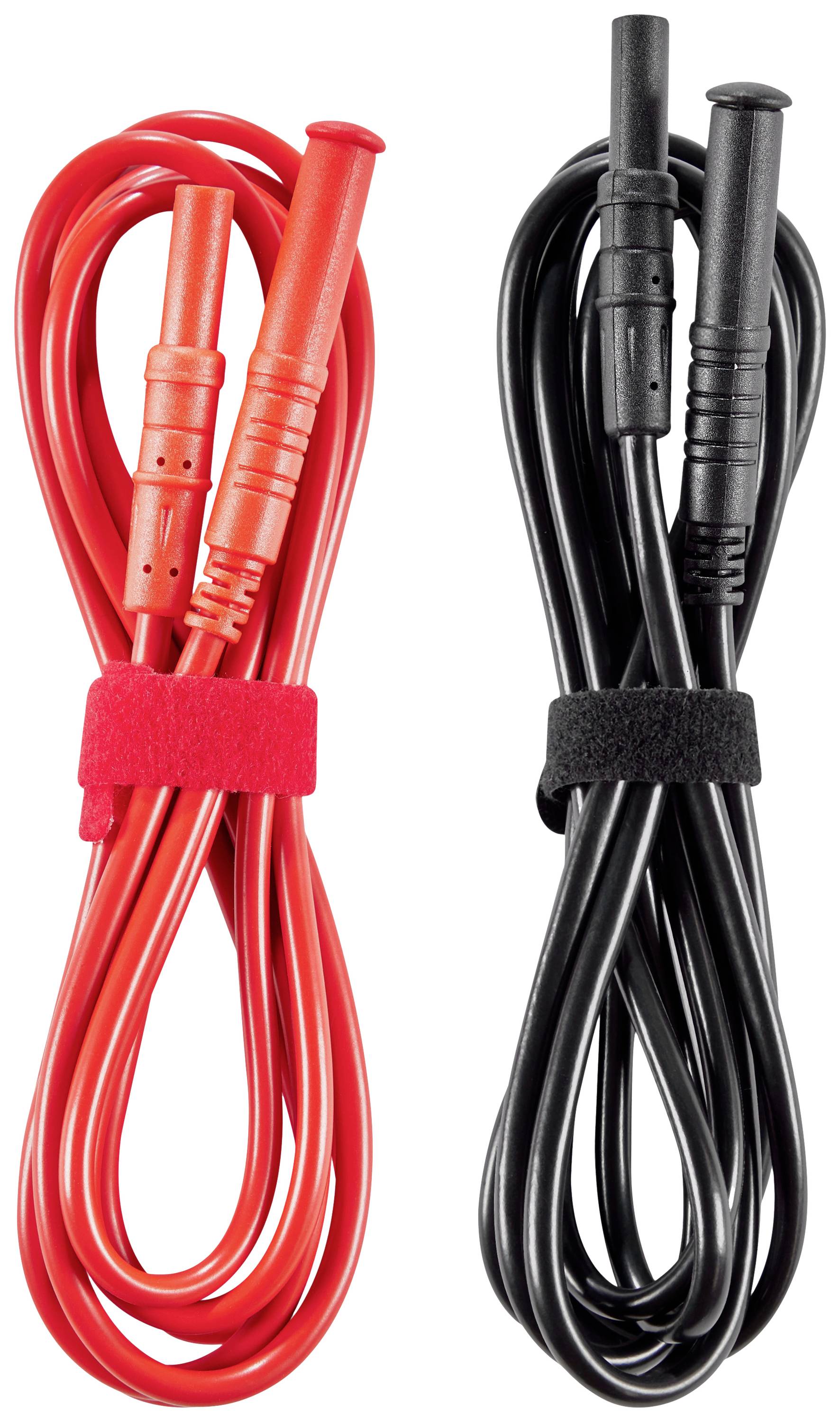 Zwei zusammengerollte Kabel, eines rot, das andere schwarz, jeweils mit Klettband fixiert.