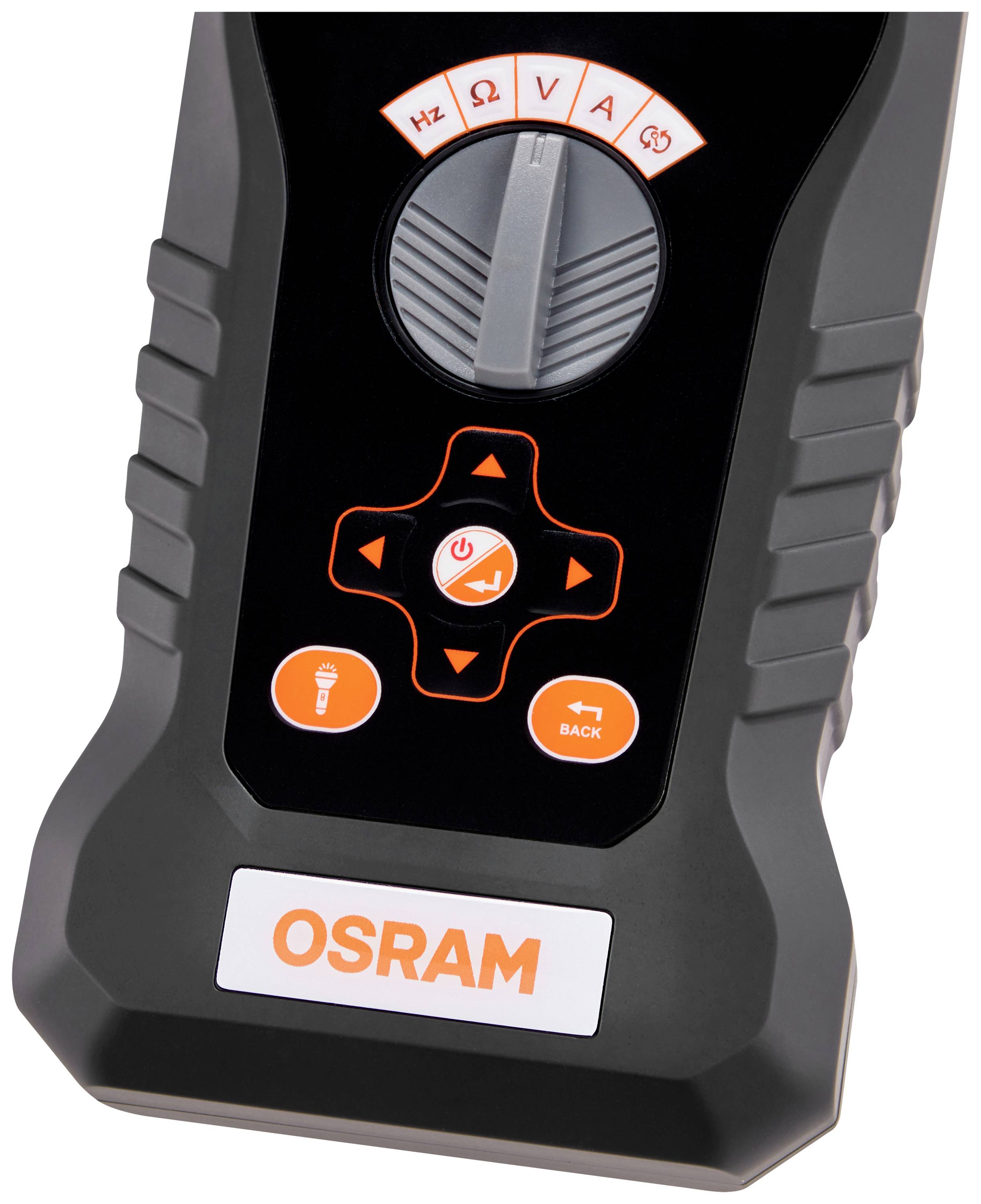 'Handgerät von Osram mit Display und Steuerungstasten zur Messung von elektrischen Werten, wie Spannung und Frequenz.'