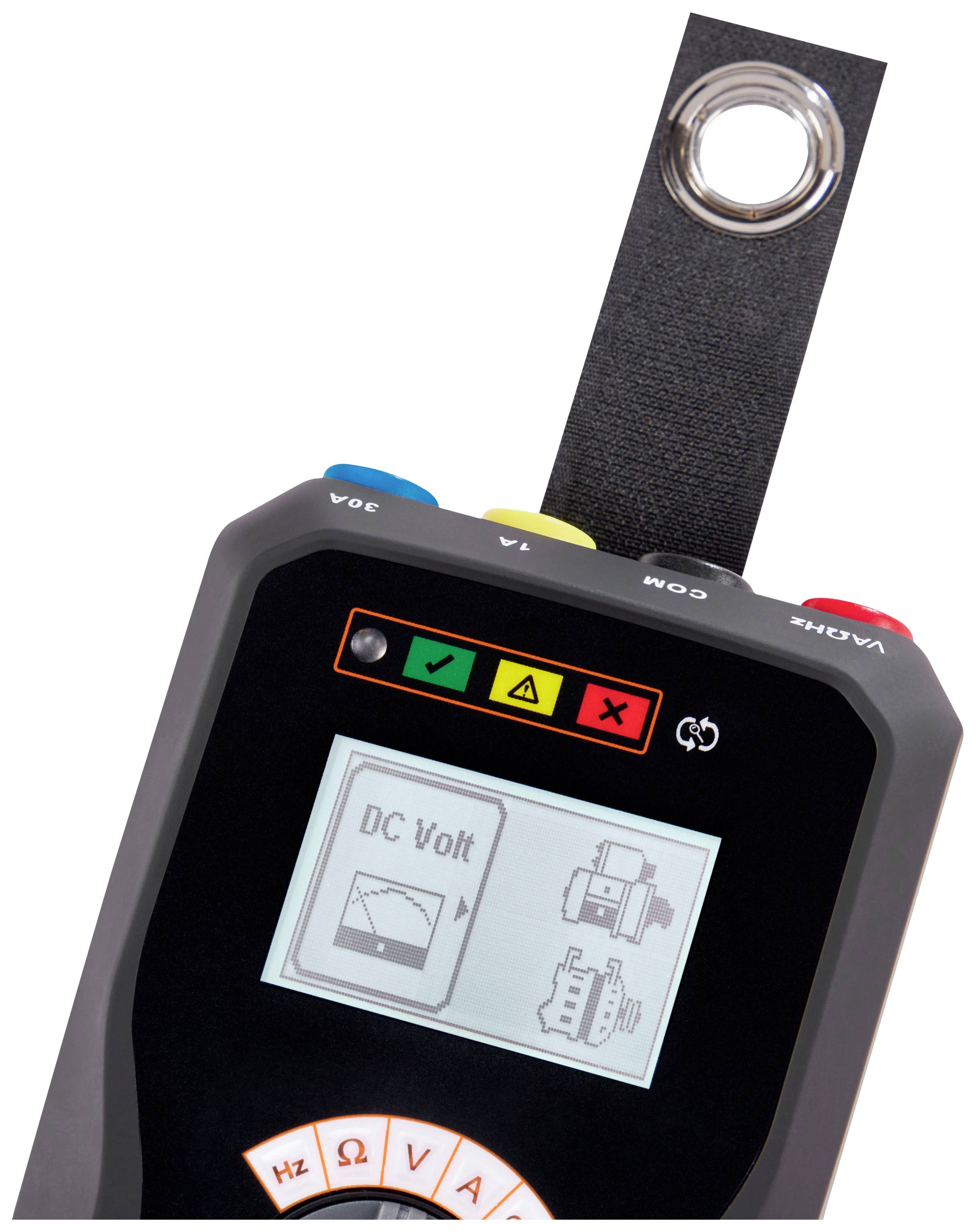 Multimeter zeigt auf einem Bildschirm 'DC Volt' mit einem Diagramm-Symbol. Oben sind bunte Tasten und ein Lederband mit Metallring.