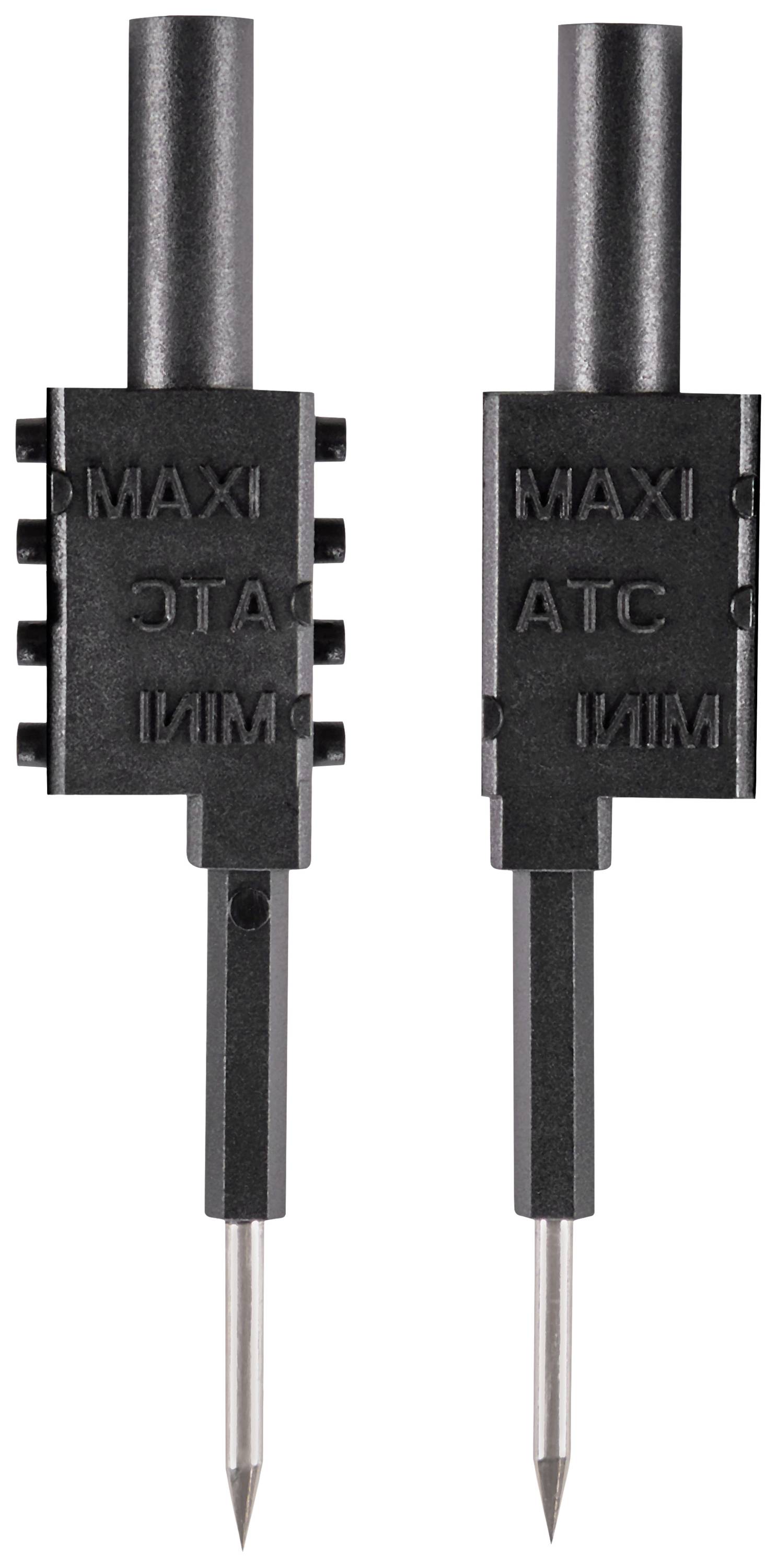 'Zwei schwarze Prüfspitzen mit Markierungen MAXI und MINI sowie ATC dazwischen. Geeignet für präzises elektrisches Testen.'