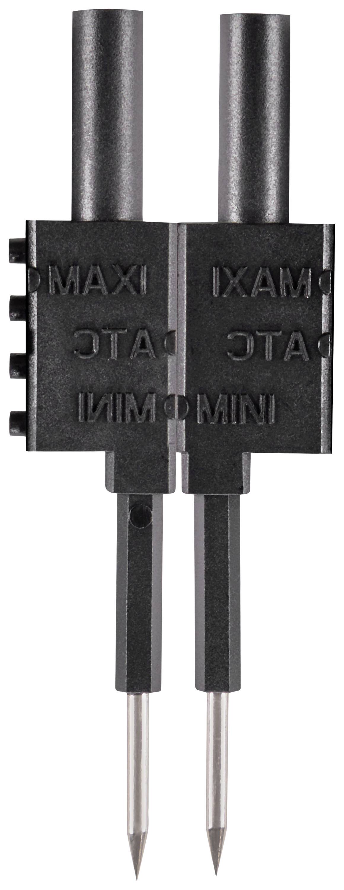 Zwei schwarze Elektronikklemmen mit Spitzkontakten, die mit 'MAXI' und 'MINI' beschriftet sind, in vertikaler Anordnung.