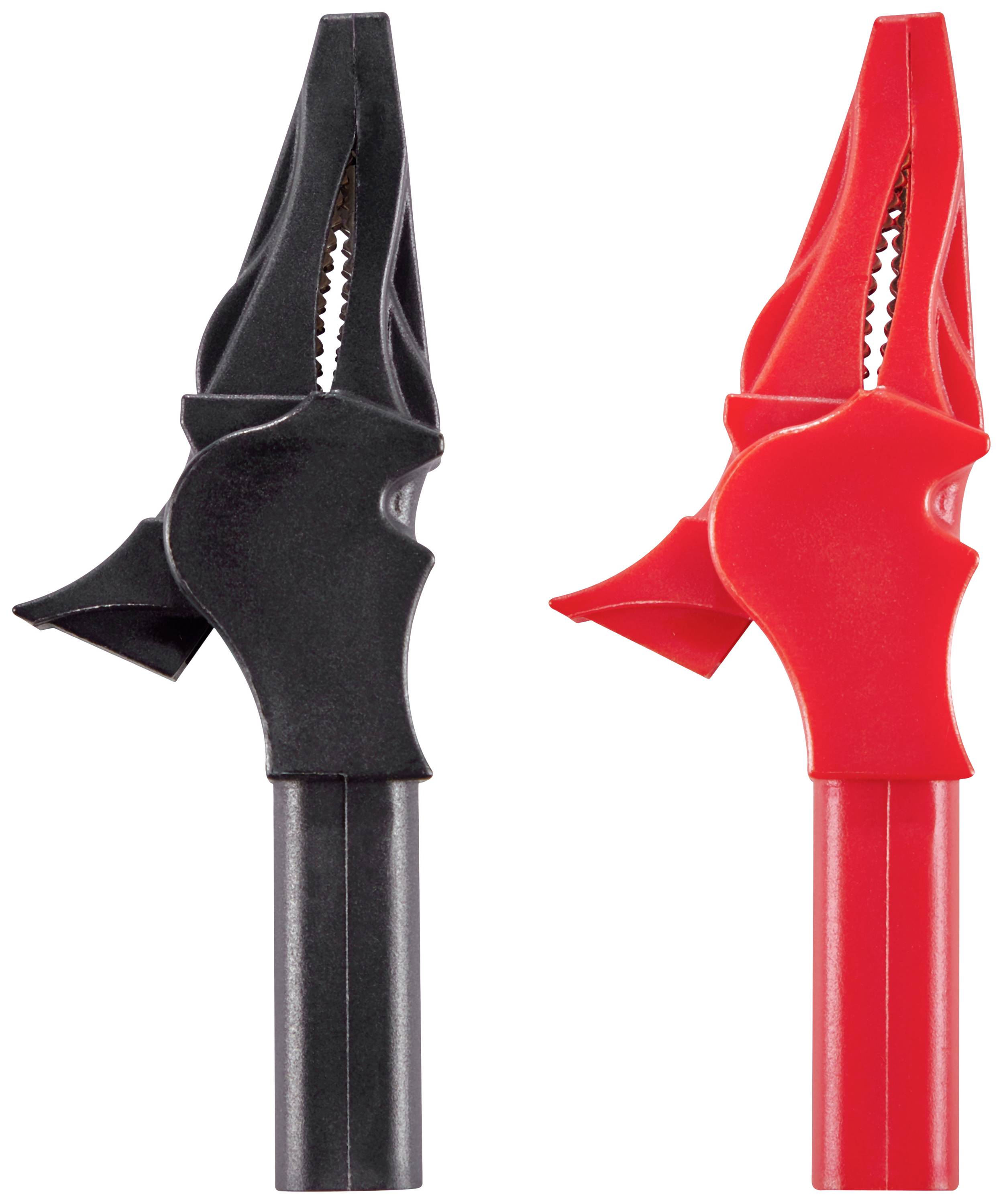 Zwei Krokodilklemmen, eine schwarze und eine rote, nebeneinander auf weißem Hintergrund.