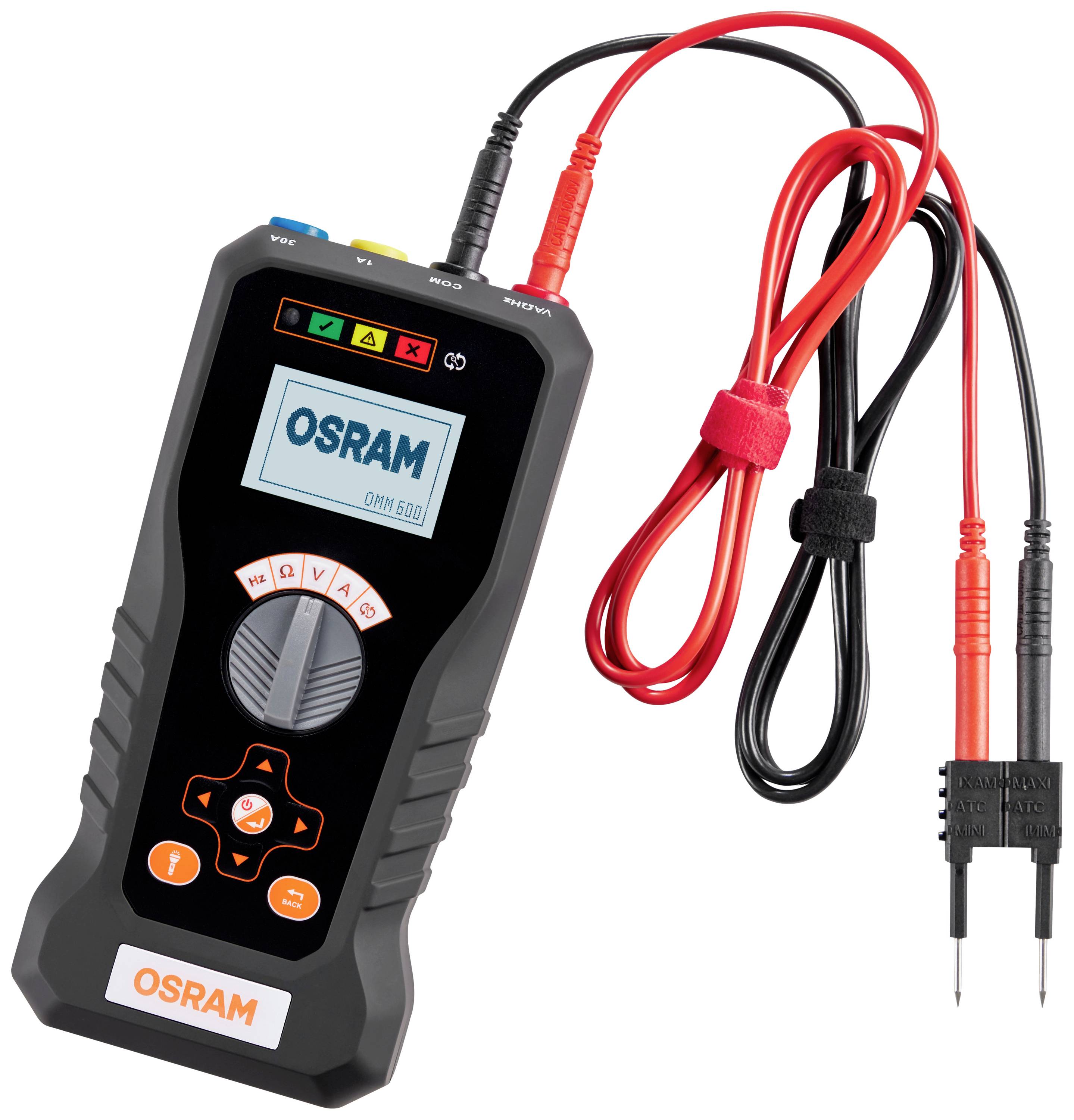 Multimeter von Osram mit Kabeln, Display zeigt 'OSRAM OWB 600'. Gerät ist schwarz mit orangefarbenen Details.