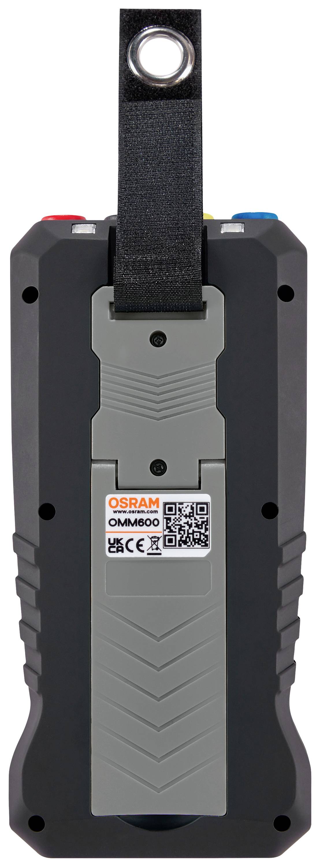 Ein tragbares Osram-Gerät mit einem Aufhänger an der Oberseite, QR-Code und CE-Kennzeichnung auf der Rückseite.
