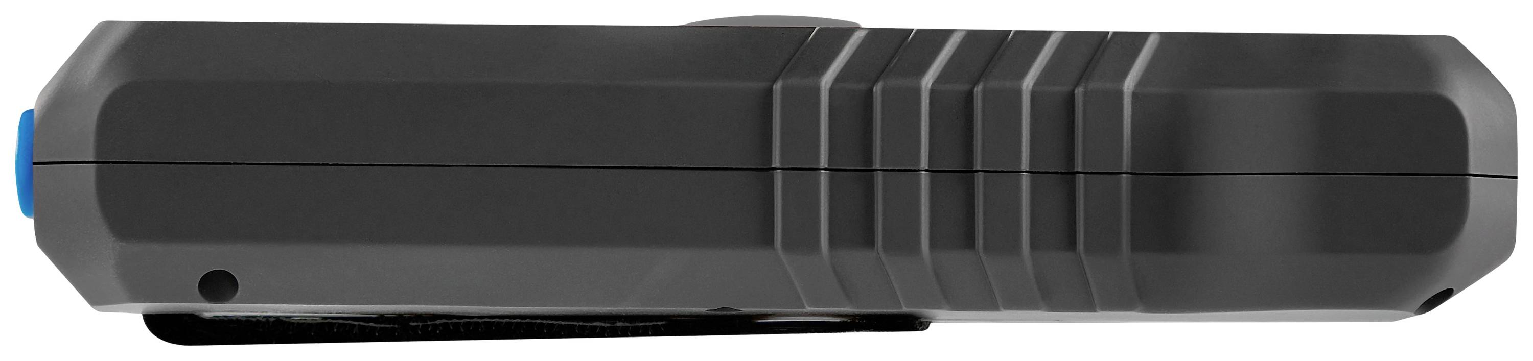 Eine schwarze, zusammenklappbare Taschenmesser-Seitenansicht mit blauem Akzent.