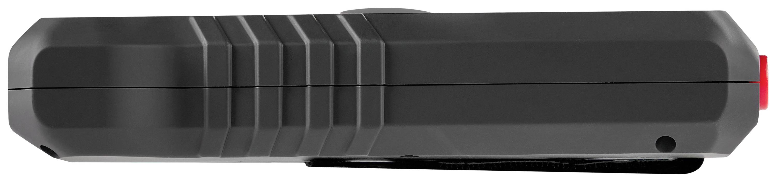 Ein schwarzes, kompaktes Gerät mit mehreren Rillen an der Seite und einem roten Knopf am Ende.