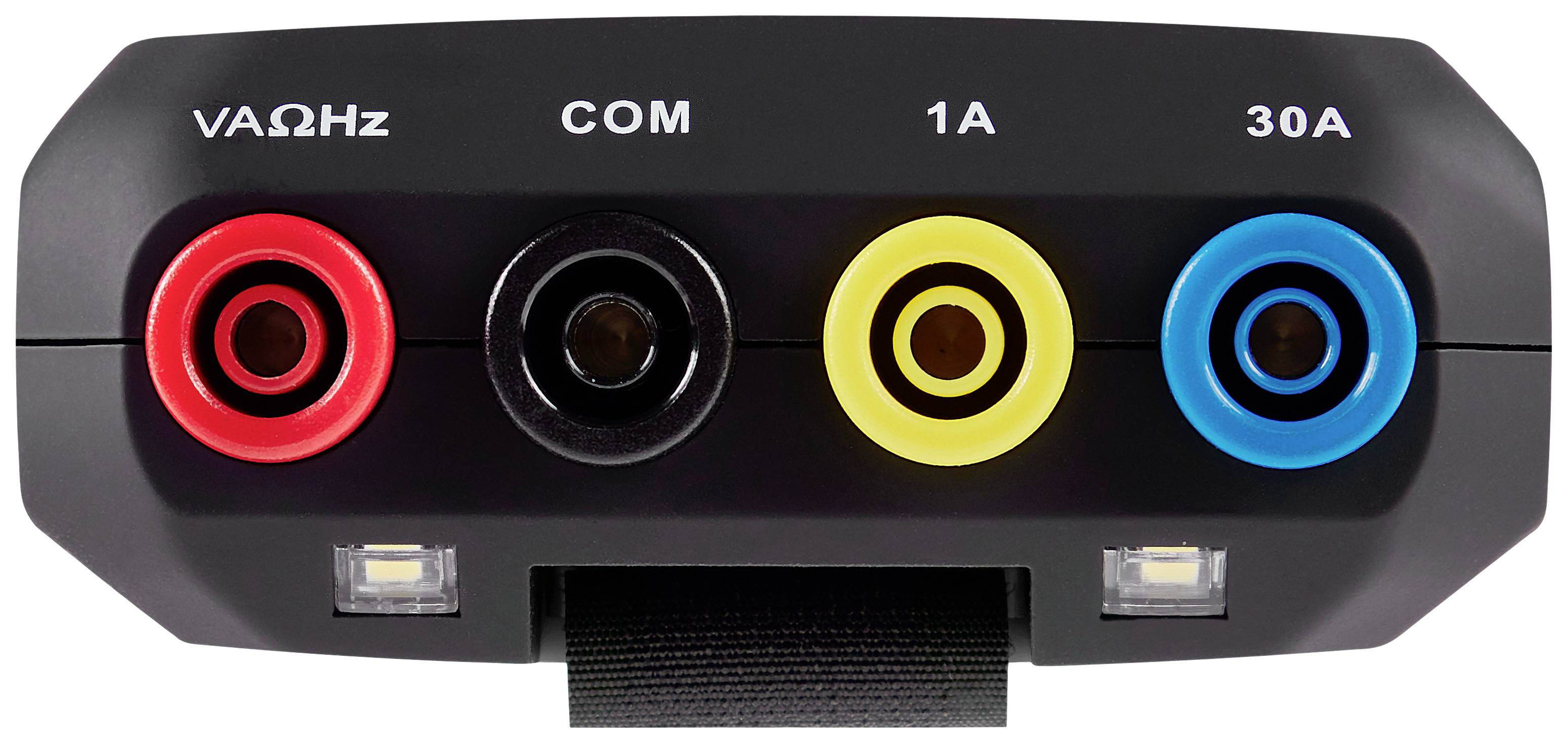 Schwarzes Multifunktionsgerät mit Anschlüssen in Rot, Schwarz, Gelb und Blau, beschriftet mit 'VΩHz', 'COM', '1A' und '30A'.