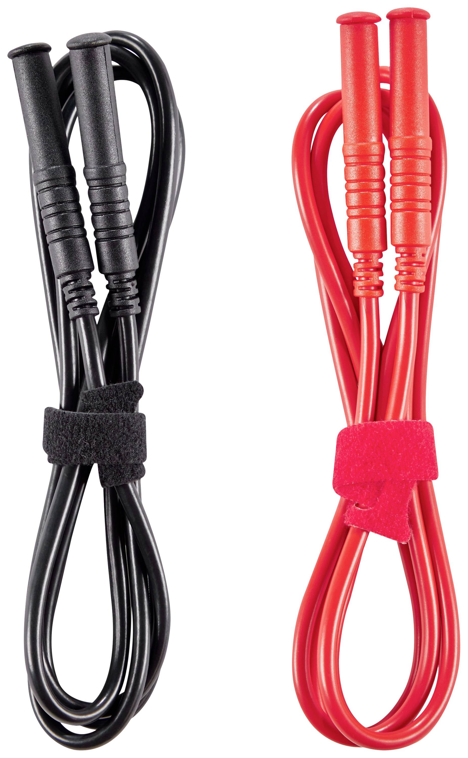 Zwei Messleitungen, eine schwarz, eine rot, jeweils mit Klettverschluss gebündelt. Sie sind für multimeterspezifische Anwendungen geeignet.