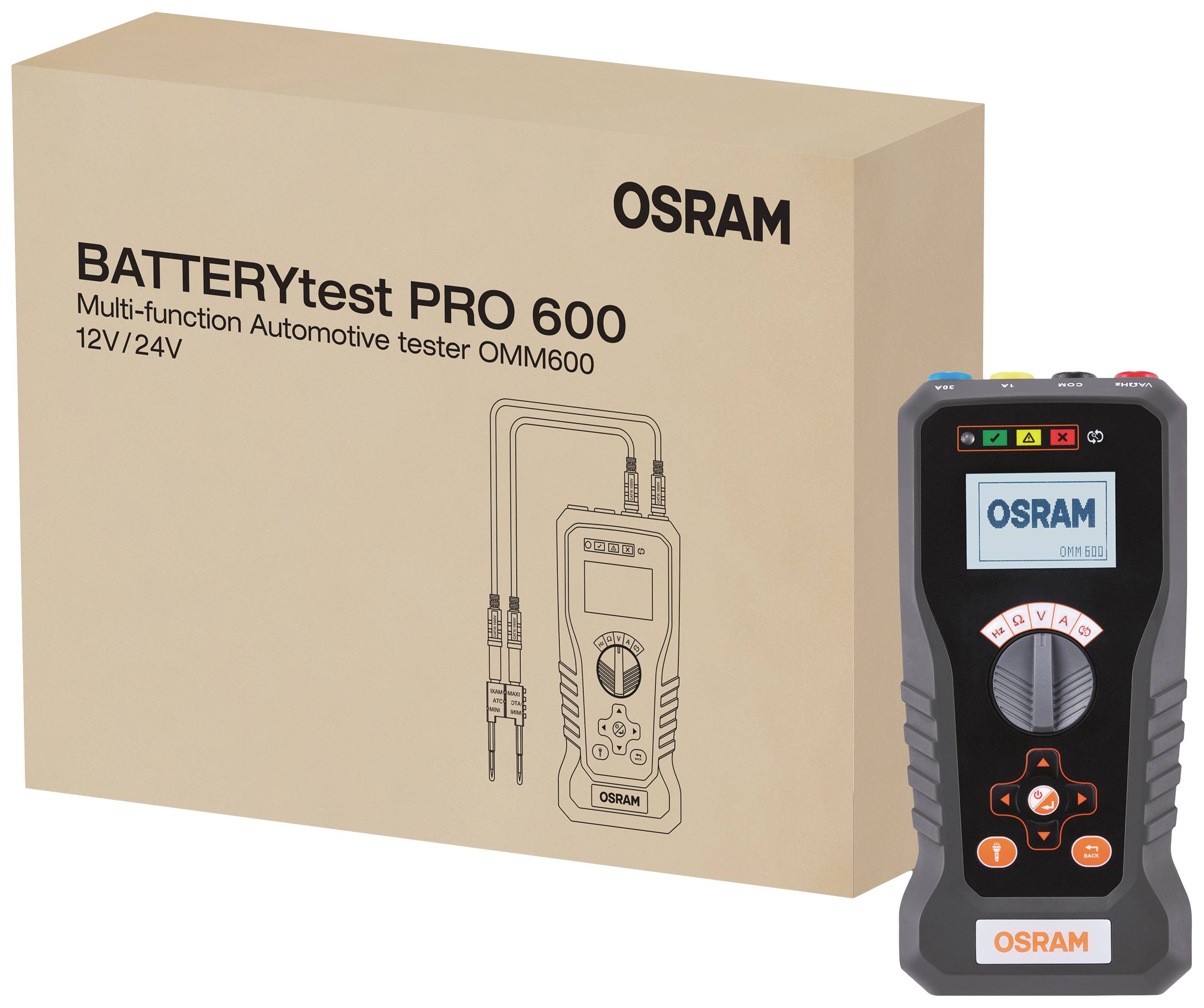 'OSRAM BATTERYtest PRO 600' Verpackung und Gerät. Multifunktionstester für 12/24V Fahrzeugbatterien. Bild der Verpackung und Tester mit Display.