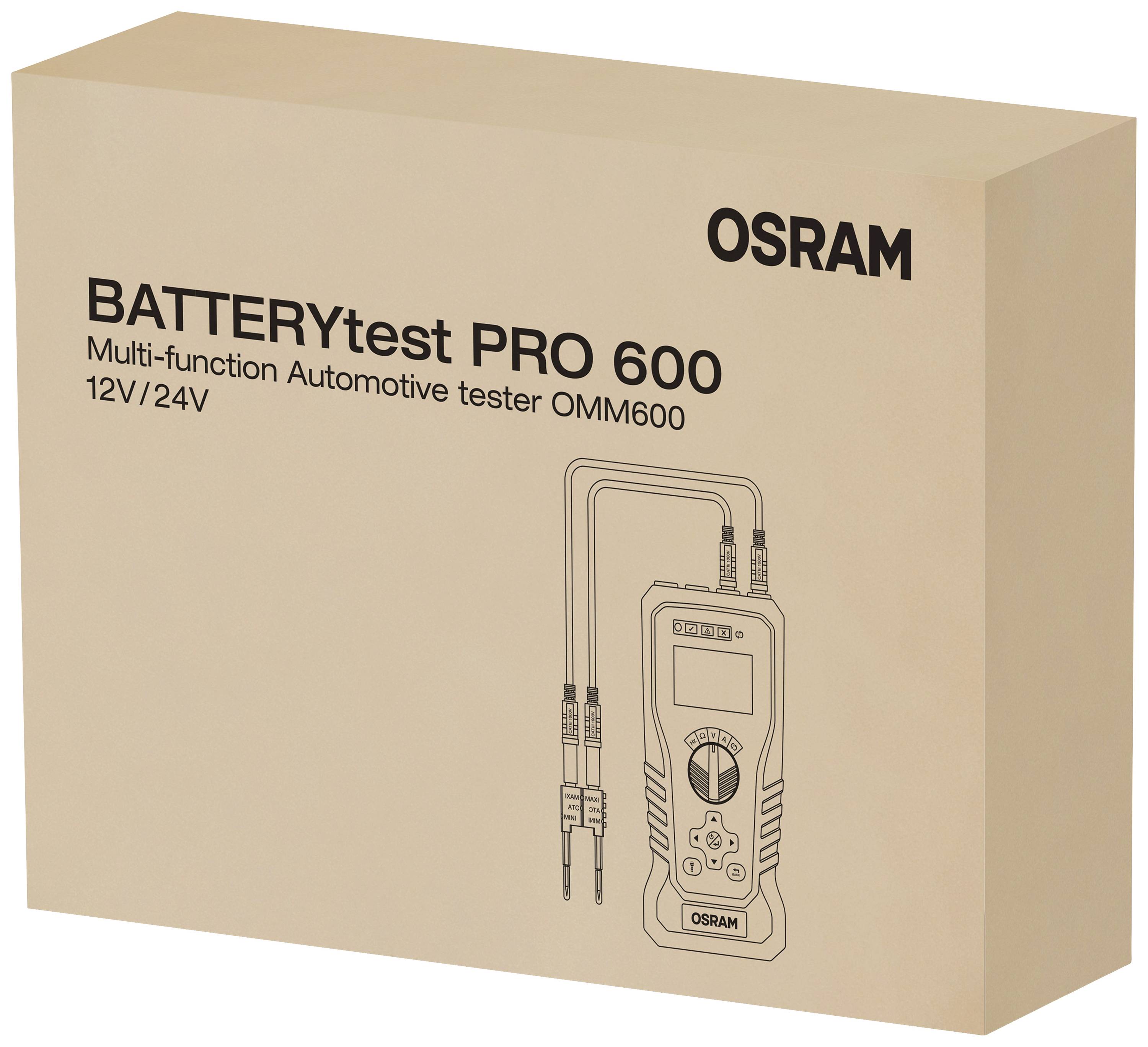 Eine Verpackung mit der Aufschrift 'BATTERYtest PRO 600', ein multifunktionaler Automobiltester für 12V/24V von OSRAM.