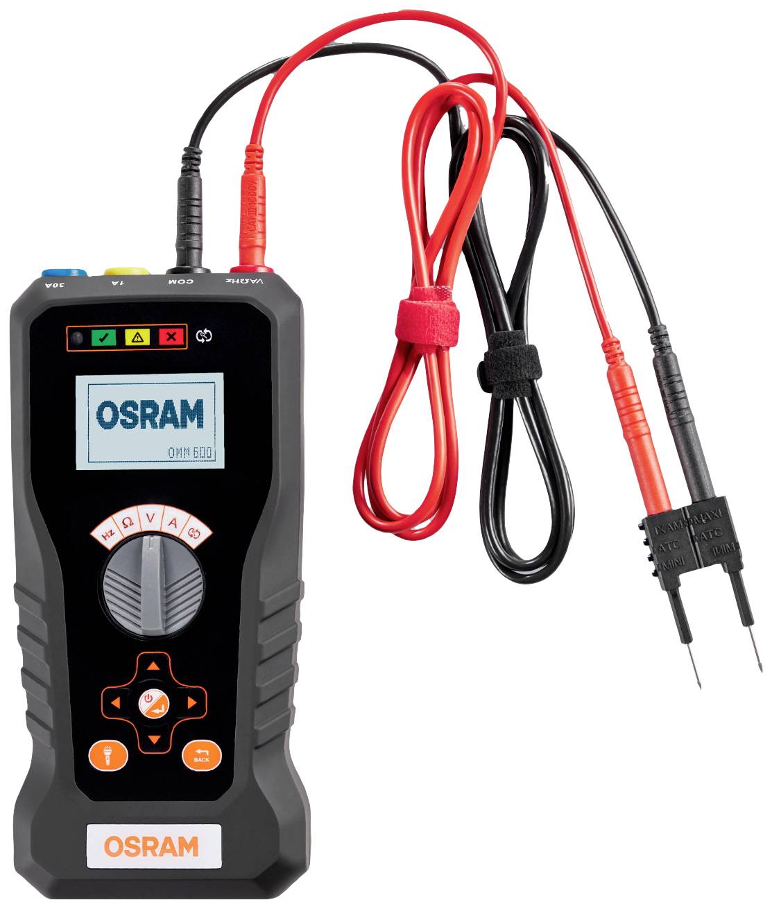 Tragbares Multimeter von Osram mit Digitalanzeige und angeschlossenen roten und schwarzen Messkabeln zur elektrischen Diagnose.
