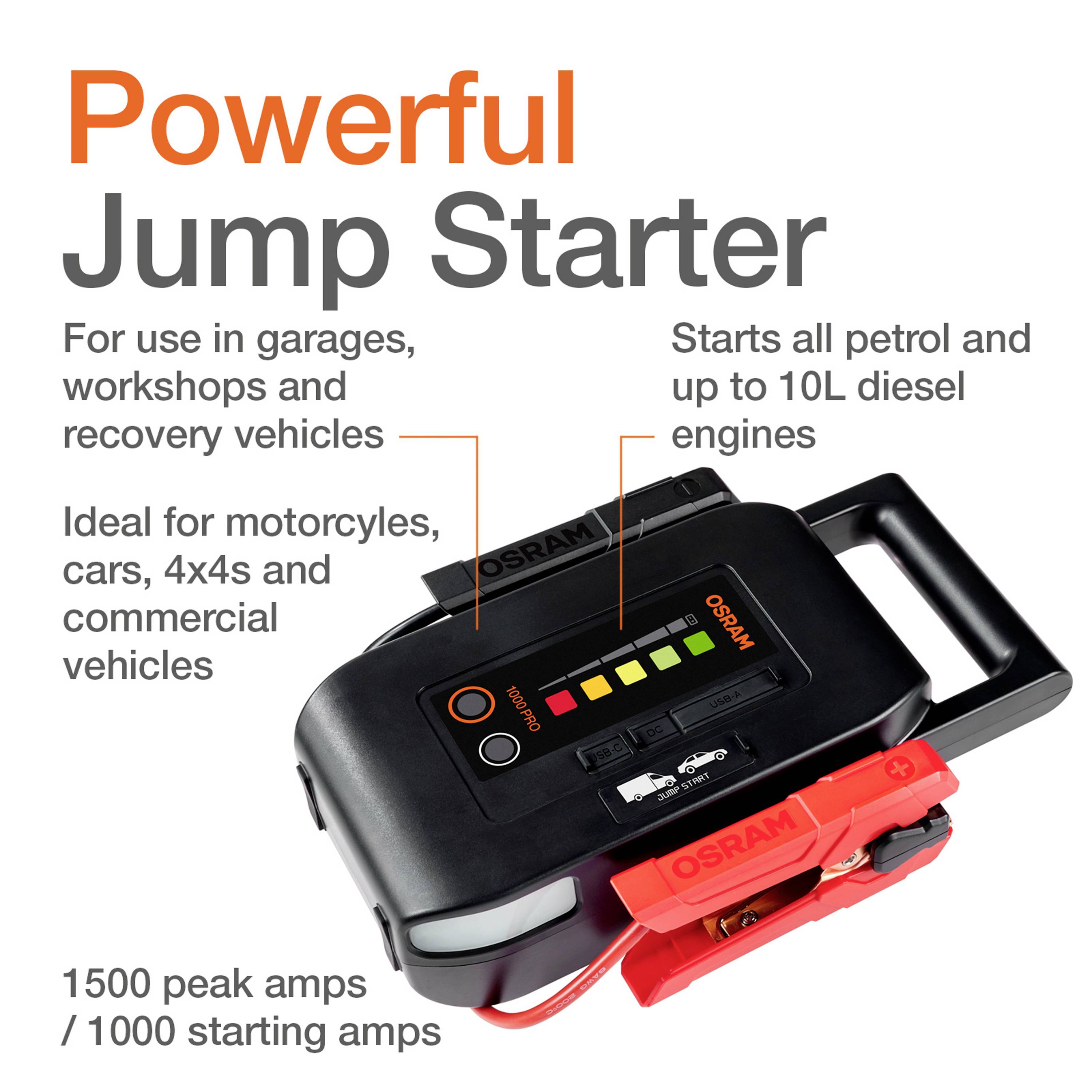 Osram Automotive Schnellstartsystem BATTERYstart PRO 1000 OEBSPL1000 Starthilfestrom (12 V)=1000 A USB-Steckdose 2x-30