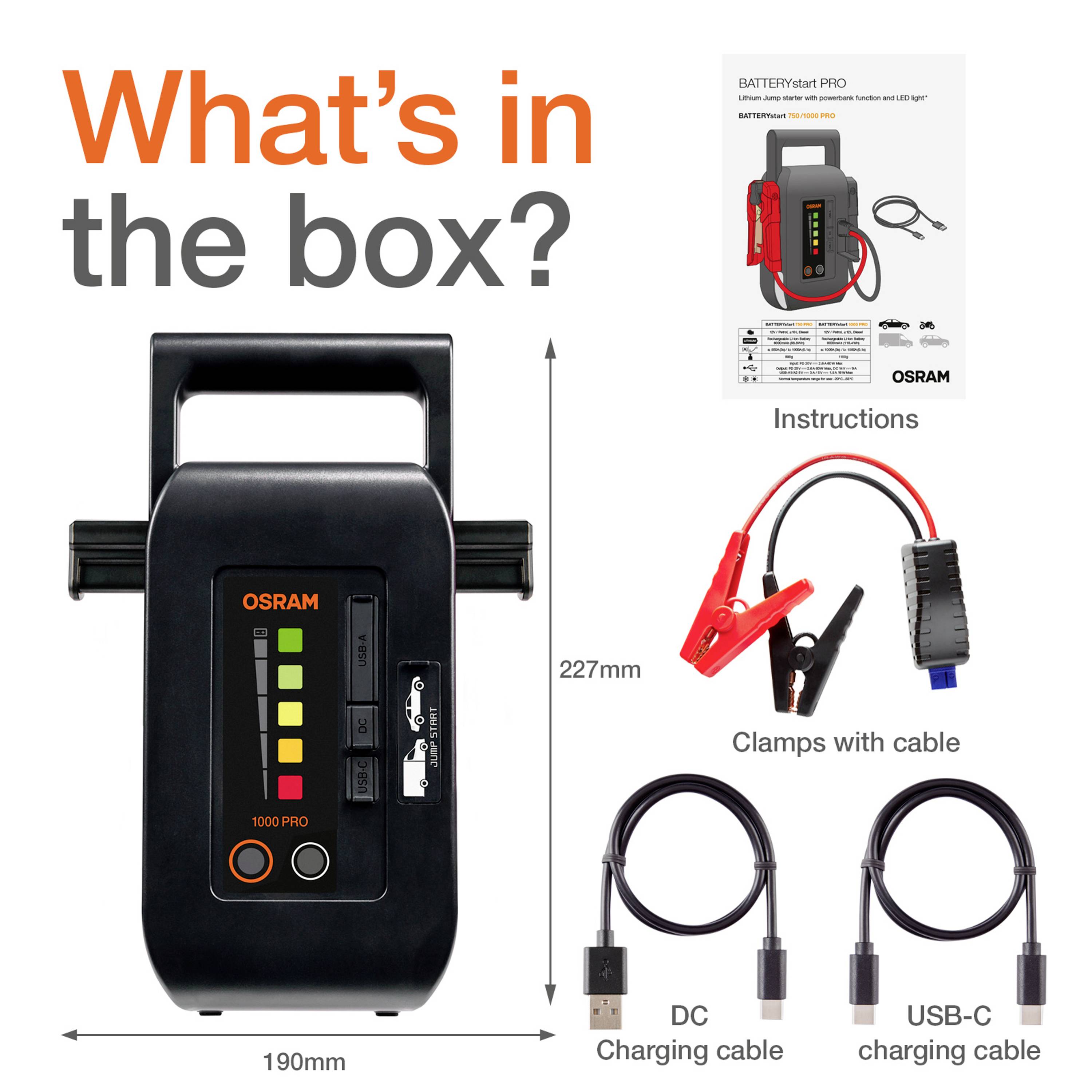 Osram Automotive Schnellstartsystem BATTERYstart PRO 1000 OEBSPL1000 Starthilfestrom (12 V)=1000 A USB-Steckdose 2x-33