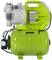 Helle, grüne Wasserpumpe mit Tank und Manometer, Marke Toolcraft, für Gartenbewässerung oder Wasserversorgung.