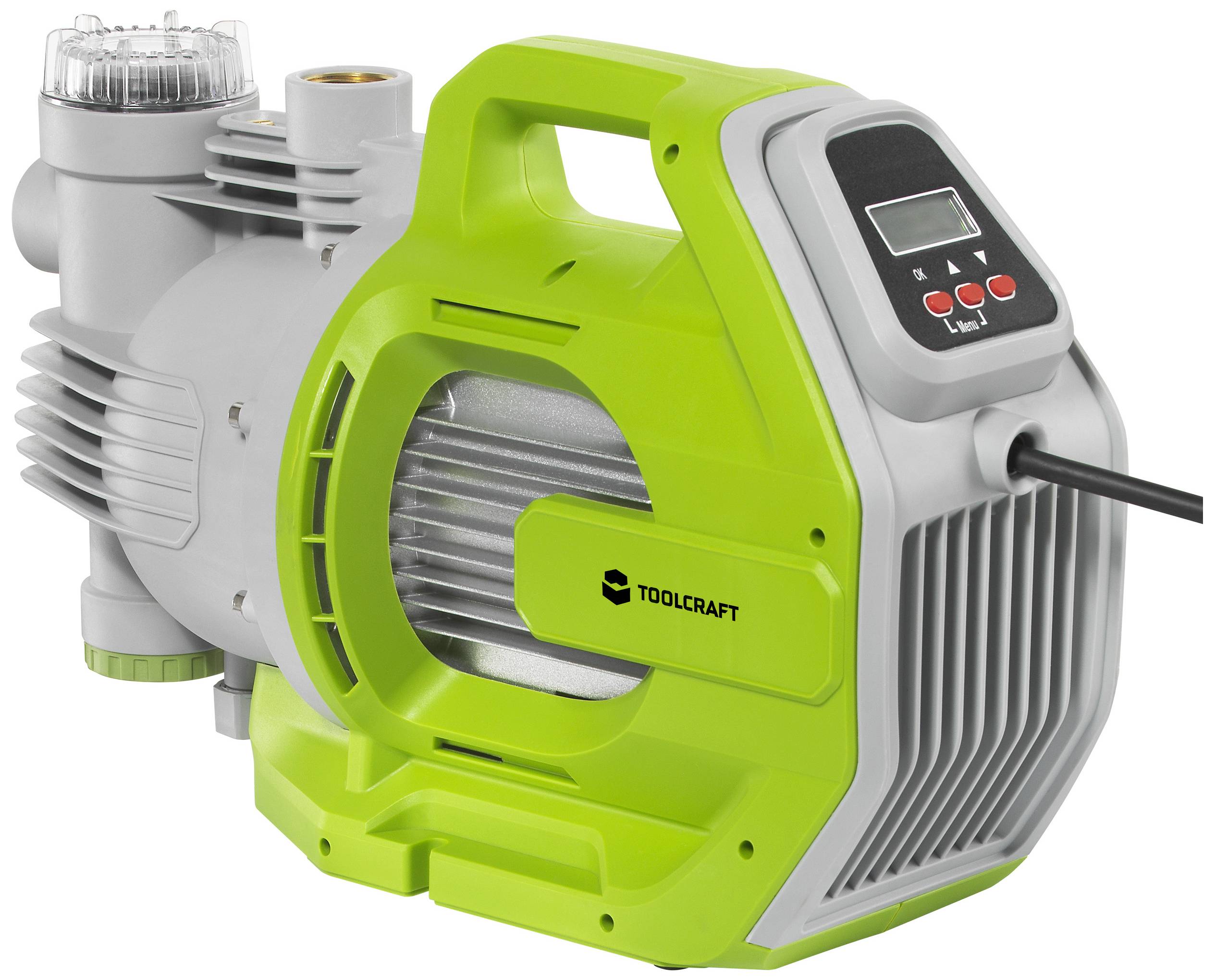 Grüne Wasserpumpe mit digitalem Display. Markierung 'Toolcraft' sichtbar. Elektrisches Kabel angeschlossen.