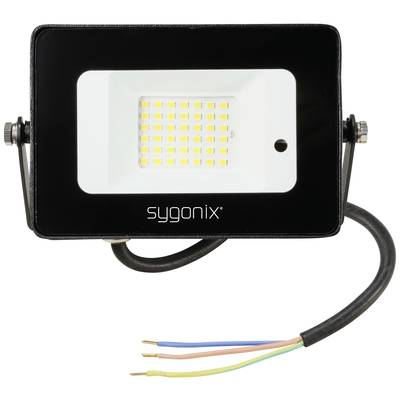 LED-Flutlicht mit rechteckigem, schwarzem Gehäuse, montiertem Bügel und freiliegenden Drahtenden in den Farben gelb, blau und braun.