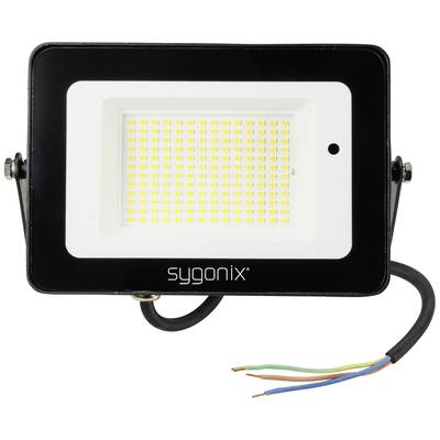 LED-Flutlichtstrahler von Sygonix, rechteckiges Design, schwarzer Rahmen, freiliegende Drähte an der Unterseite.