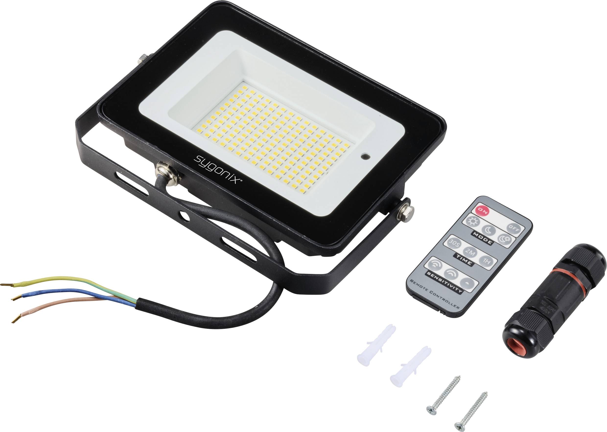 LED-Fluter mit Fernbedienung, Montagezubehör und Anschlusskabel. Eignet sich zur Beleuchtung von Außenbereichen.