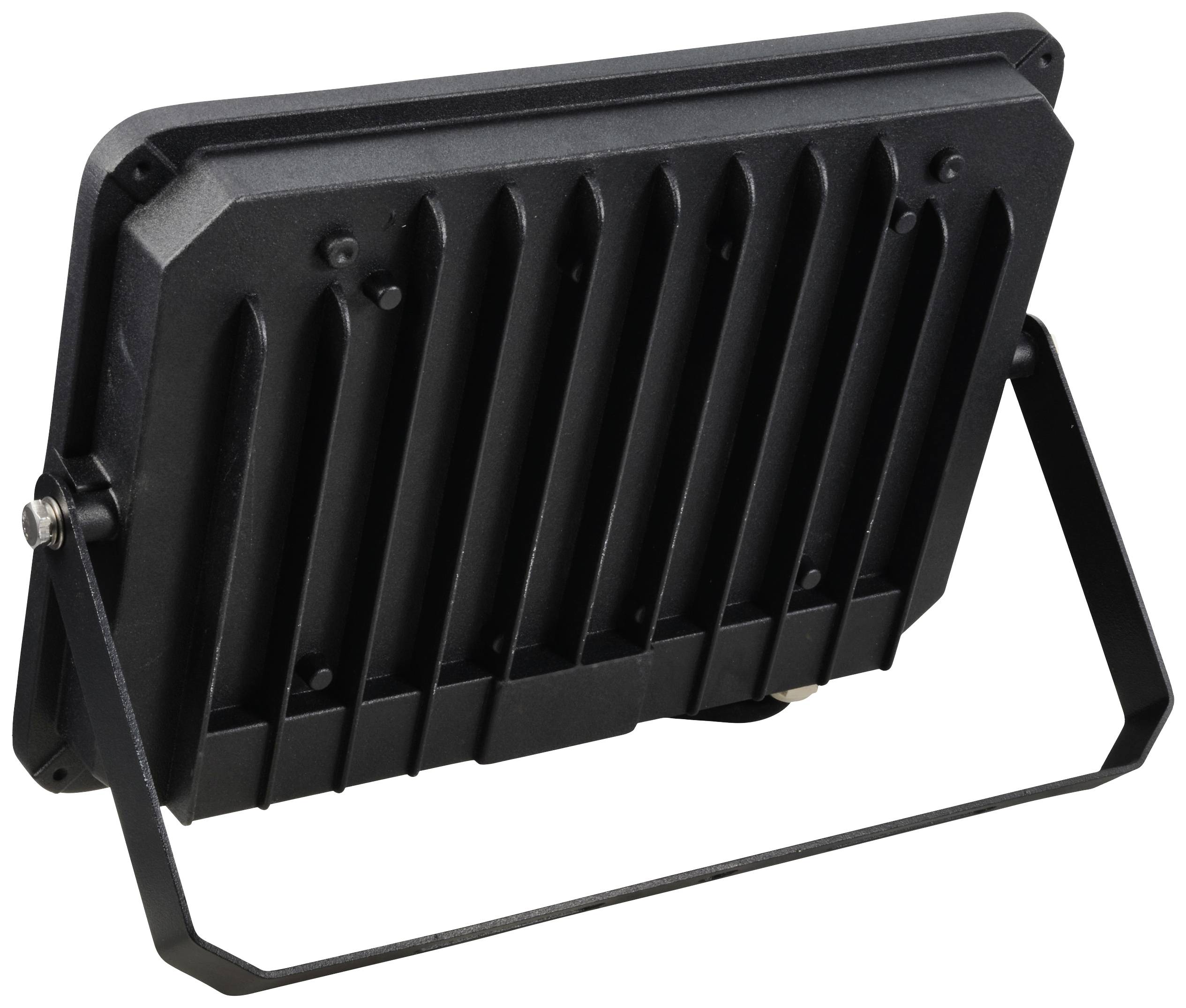 Schwarzer LED-Strahler mit Rippenstruktur und verstellbarem Standfuß, geeignet für Außenbeleuchtung.