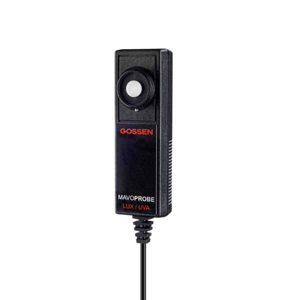Luxmeter-Sensor mit rechteckigem Gehäuse und Kabel, markiert mit 'Gossen' und 'Mavoprobe LUX/UV-A'.