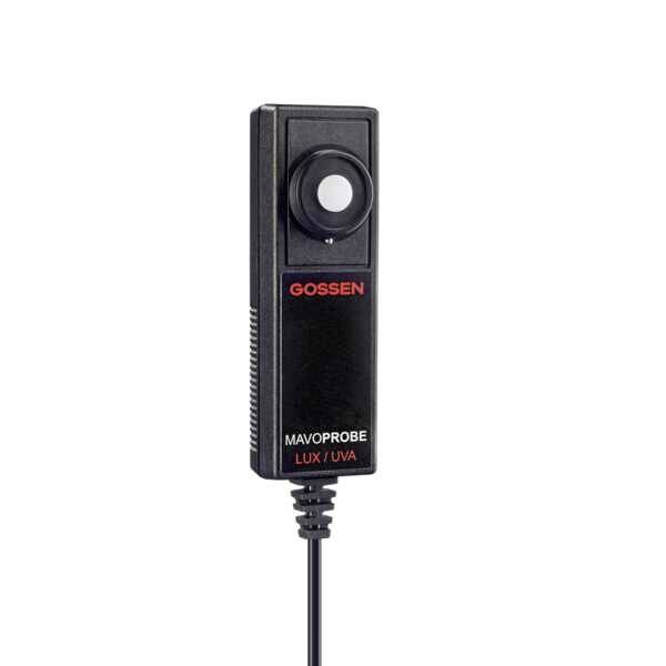 Ein Lux-/UVA-Sensor von Gossen, Modell Mavoprobe. Schwarzes Gerät mit rundem Weißsensor, geeignet für Lichtmessungen.