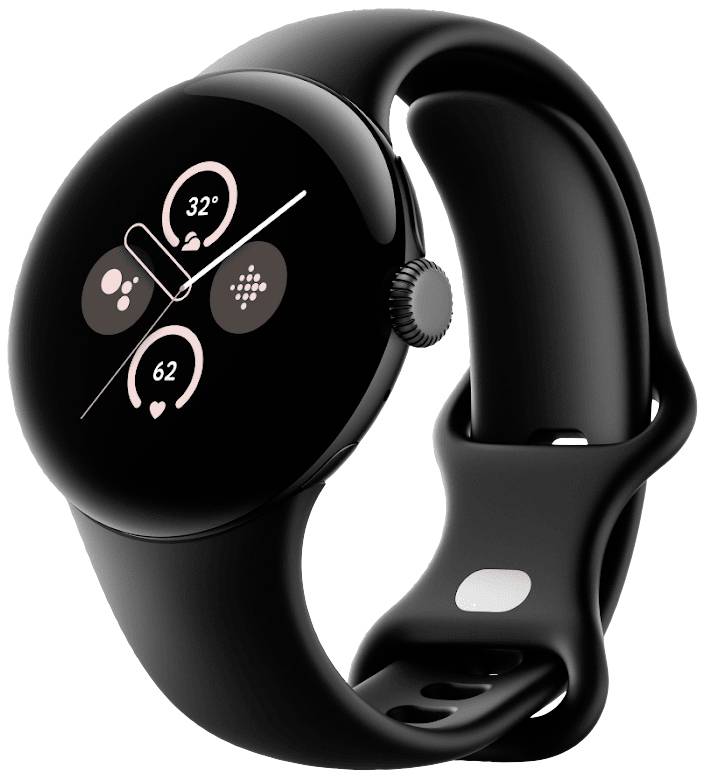 Schwarze Smartwatch mit rundem Display zeigt Gesundheitsdaten wie Herzfrequenz (62 bpm) und Schritte (32) auf dem Bildschirm an.