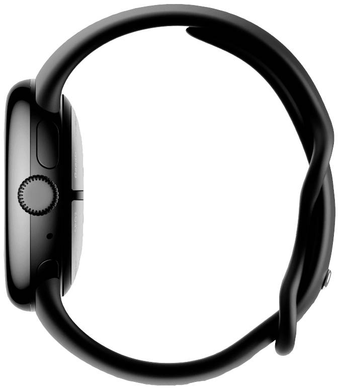 Schwarze Smartwatch von der Seite, zeigt das schlanke Design und die Bedienelemente wie Krone und Taste.