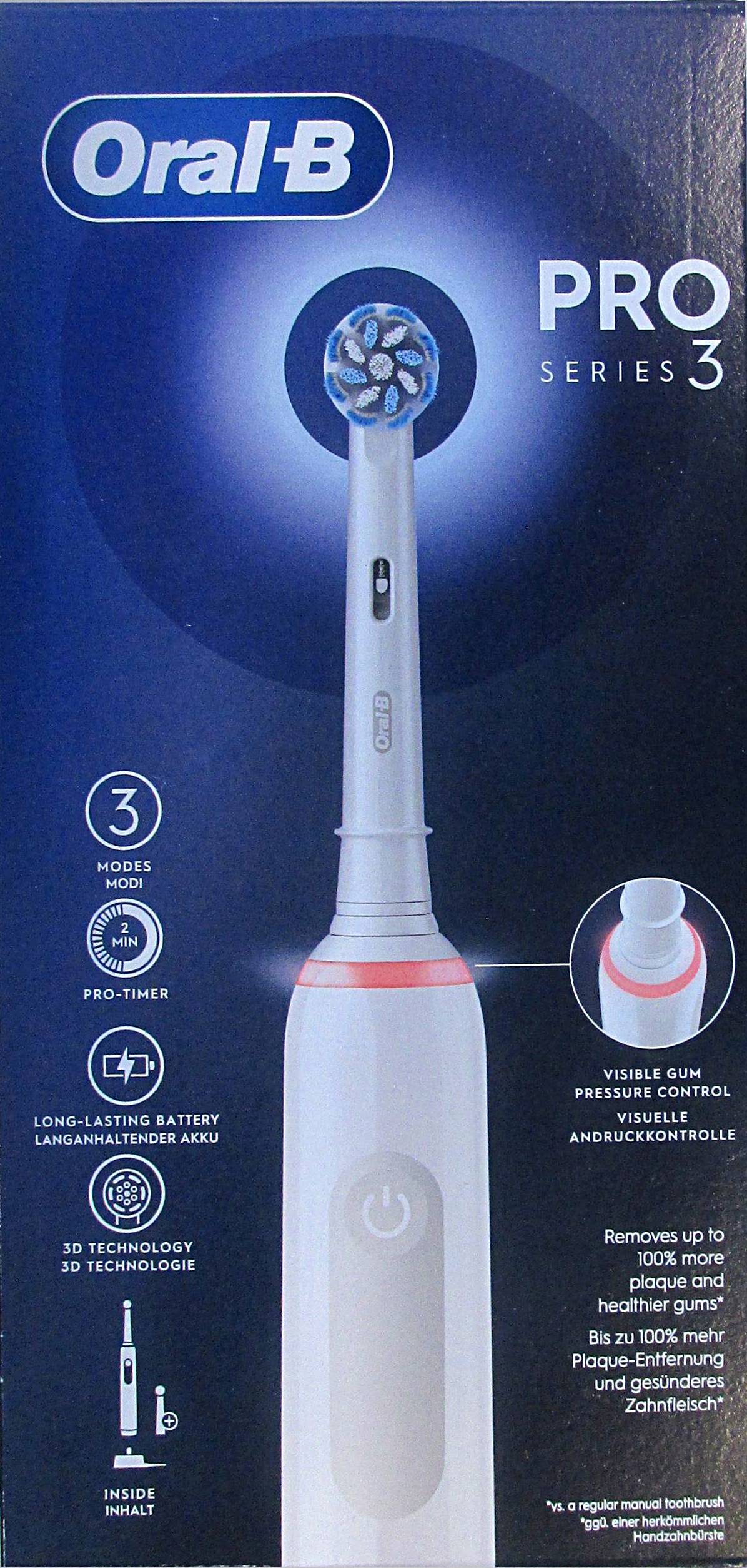 'Elektrische Zahnbürste Oral-B PRO Series 3' mit 3 Modi, integrierter visueller Druckkontrolle, langer Akkulaufzeit und 3D-Technologie.
