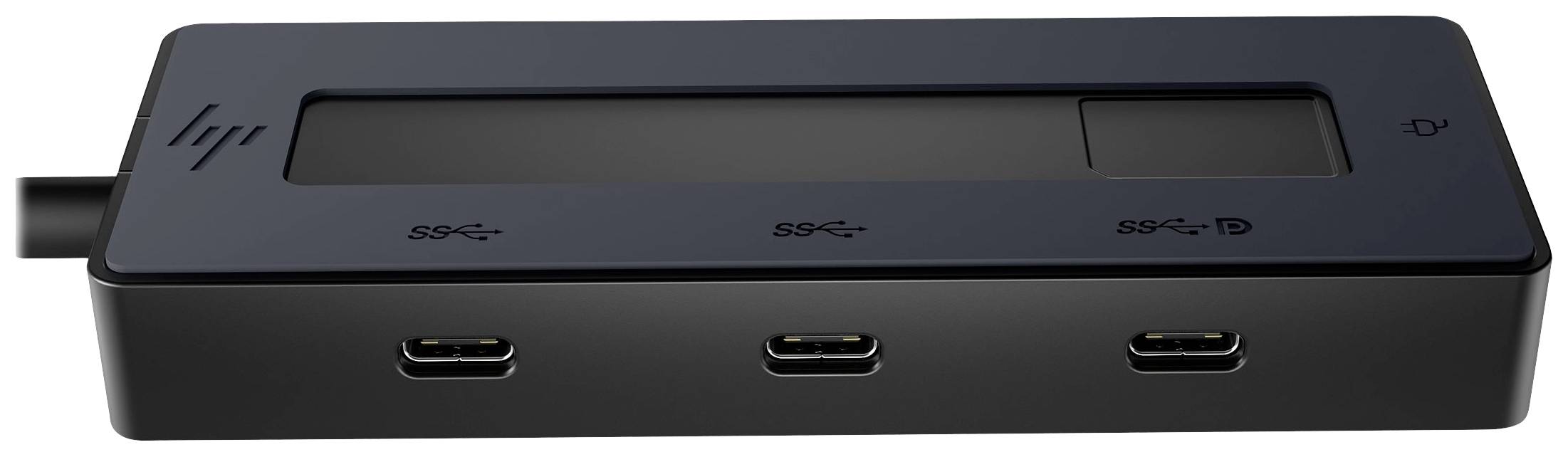 Schwarzer USB-C-Hub mit drei Anschlüssen und einem rechteckigen Display, Symbolen für verschiedene Verbindungen auf der Oberseite.