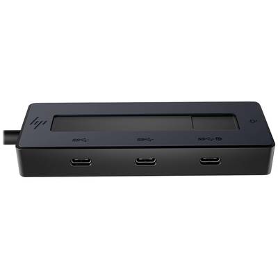 Schwarzer USB-C-Hub mit drei Anschlüssen und einem rechteckigen Display, Symbolen für verschiedene Verbindungen auf der Oberseite.