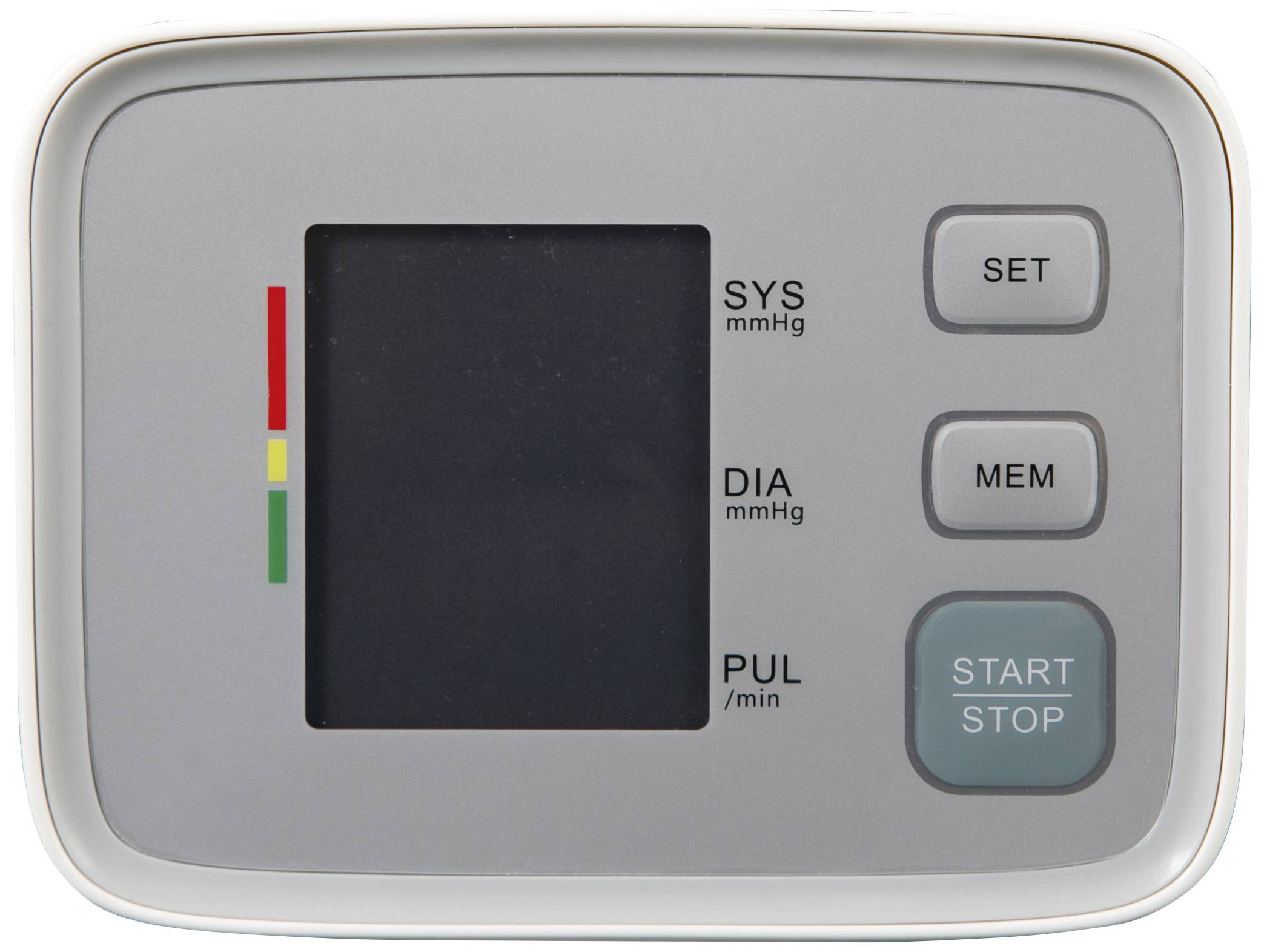 Blutdruckmessgerät mit digitalem Display. Links Messbereichsanzeige, rechts Tasten 'Set', 'Mem', und 'Start/Stop'.