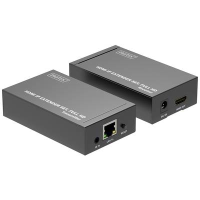 Zwei schwarze HDMI IP Extender, ein Sender und ein Empfänger, mit Anschlüssen für LAN, HDMI und Strom. Geeignet für Full HD Videoübertragung.