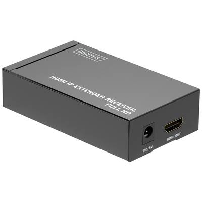 'HDMI IP Extender Receiver' von DIGITUS, schwarzes Gehäuse, Anschlüsse: DC/5V und HDMI-Ausgang, unterstützt Full HD.