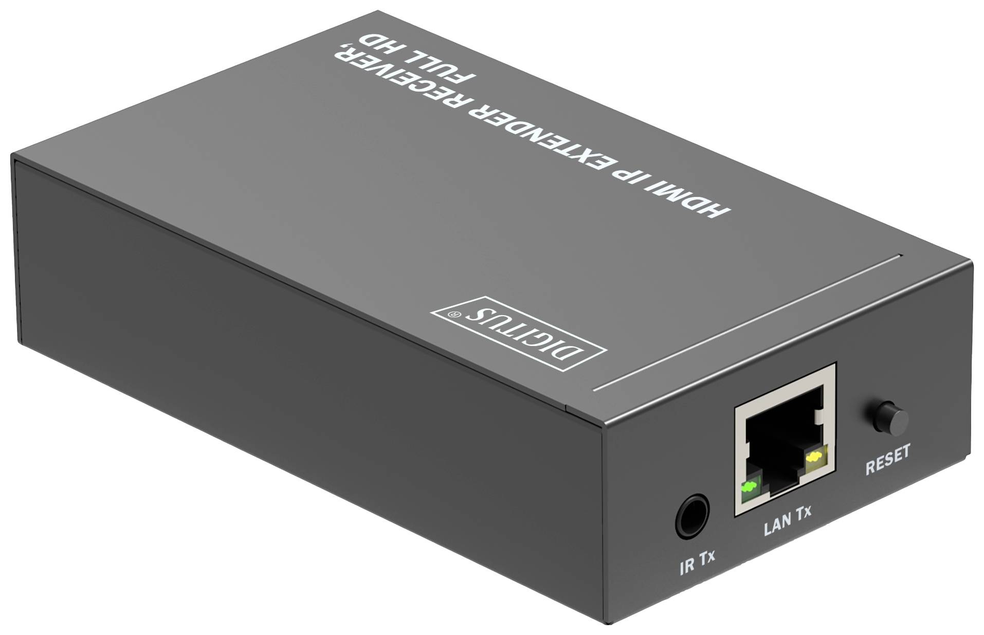 Schwarzer HDMI IP Extender Receiver mit LAN-Anschluss, IR- und Reset-Anschlüssen, beschriftet mit 'HDMI IP Extender Receiver Full HD'.