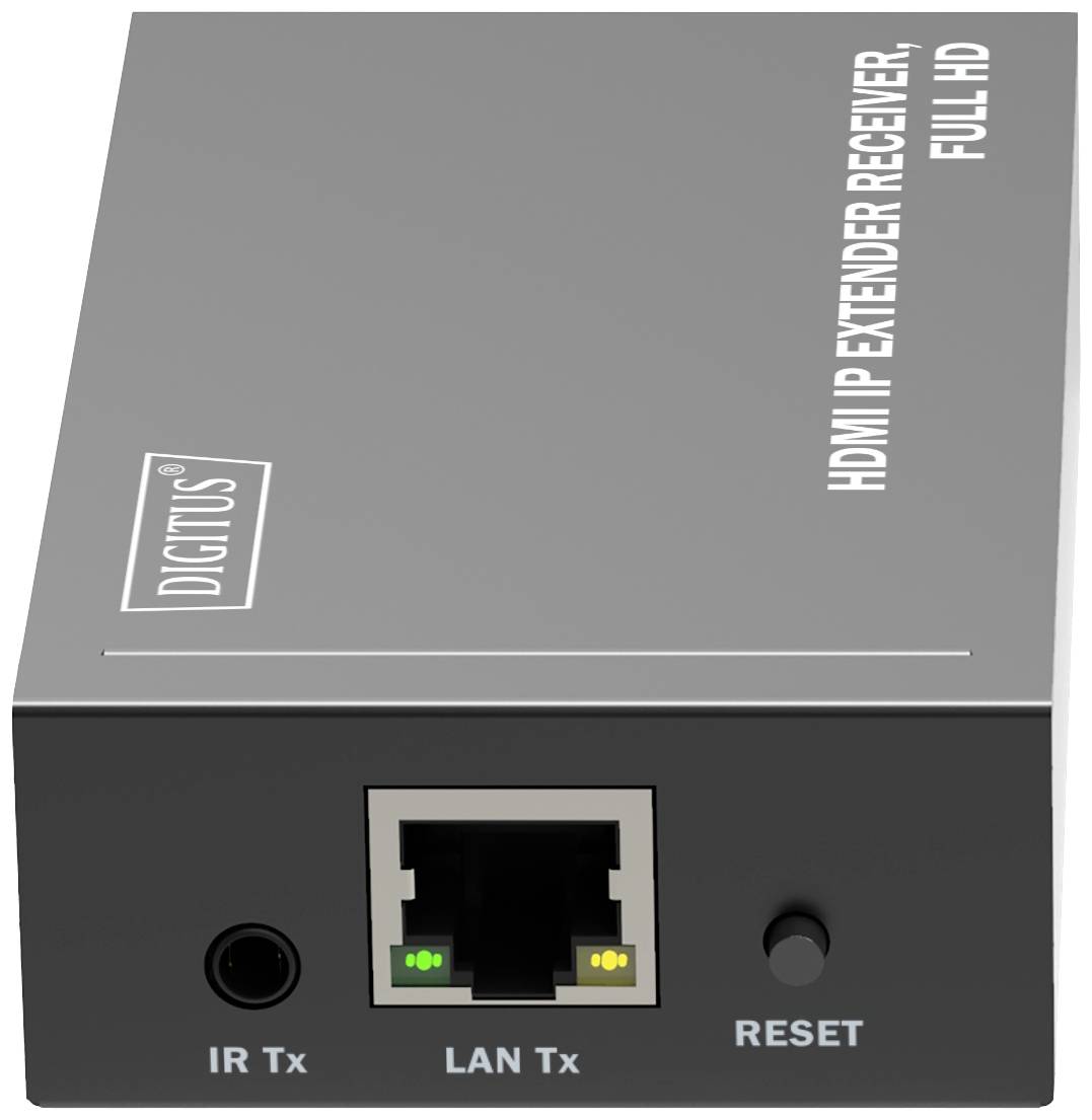Ein HDMI IP Extender Receiver mit Ethernet- und IR-Anschlüssen. Aufschrift: 'HDMI IP Extender Receiver, Full HD'.
