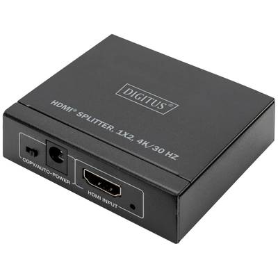 'HDMI Splitter, 1x2, 4K/30 Hz' schwarzes Gerät mit HDMI- und Kopier/Auto-Power-Anschlüssen, Marke DIGITUS.