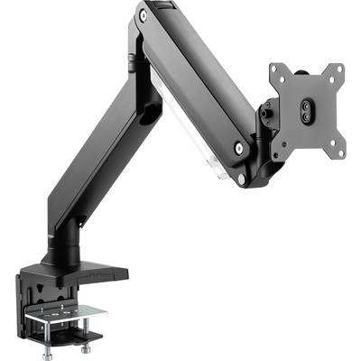 Ein schwarzer Monitorarm mit Gelenken zur Befestigung an einem Tisch, ermöglicht flexible Positionierung eines Monitors für ergonomisches Arbeiten.