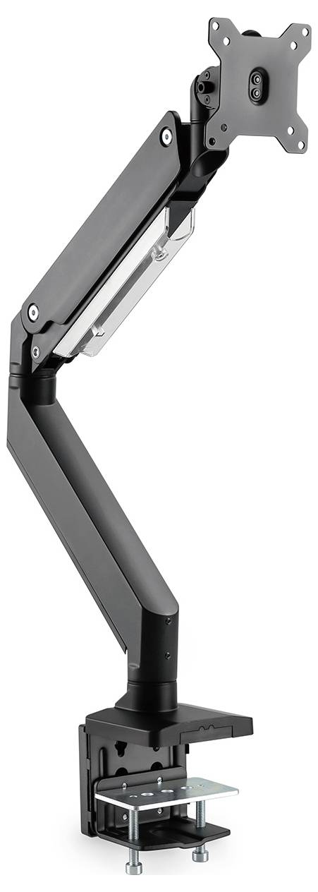 Verstellbarer schwarzer Monitorarm mit Befestigungsklemme, geeignet für Flachbildschirme. Ideal zur Optimierung der Schreibtischfläche.