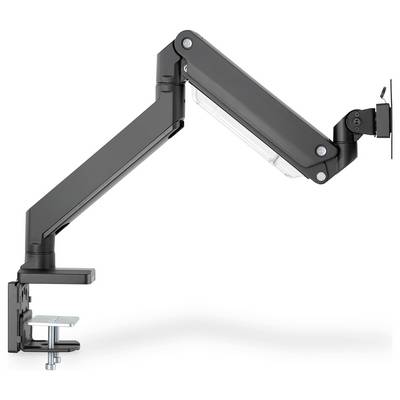 Ein schwarzer, verstellbarer Monitorarm aus Metall mit Tischklemme, zur Befestigung eines Bildschirms an einem Schreibtisch.