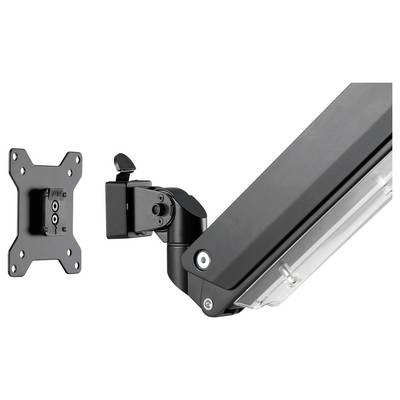 Bild eines schwarzen Wandhalters für Monitore oder Bildschirme mit einem VESA-kompatiblen Adapter und schwenkbarem Arm.