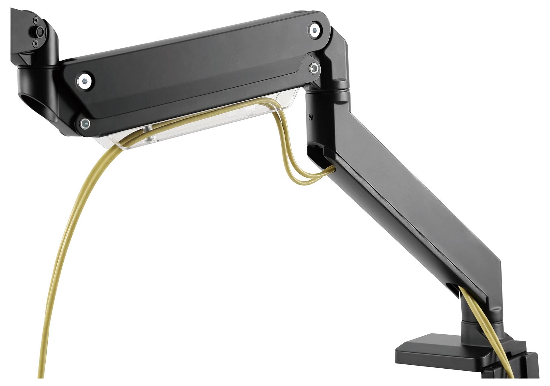 Ein schwarzer, verstellbarer Monitorarm aus Metall, montiert auf einer Tischfläche. Kabel verlaufen durch den Arm, um Ordnung zu halten.