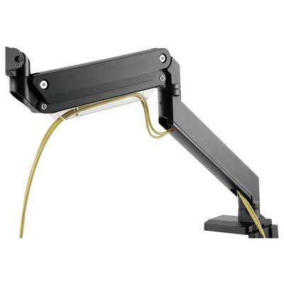 Ein schwarzer, verstellbarer Monitorarm aus Metall, montiert auf einer Tischfläche. Kabel verlaufen durch den Arm, um Ordnung zu halten.