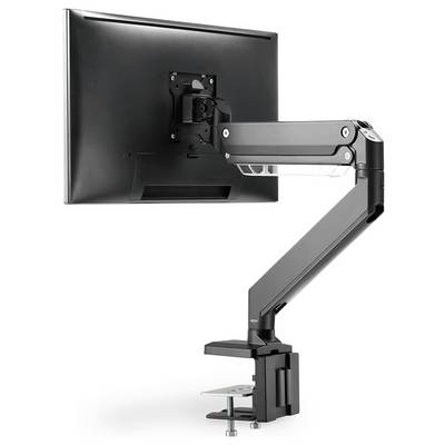 Ein schwarzer Bildschirm an einem verstellbaren Tischarm, der an einem Schreibtisch montiert ist. Der Arm ermöglicht flexible Positionierung.